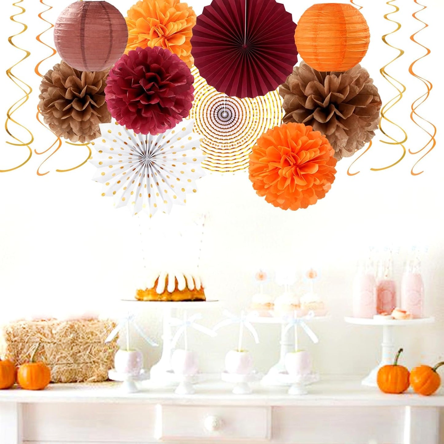 Boho Baby-Shower Burgundy Brown-Orange Party-Decorations - 33pcs Banner,Fall Autumn Streamers Tassel Garland,Tissue Pom Poms Honeycomb,Paper Lantern Fan, Wedding Harvest Rustic Birthday Decor Hugtmr