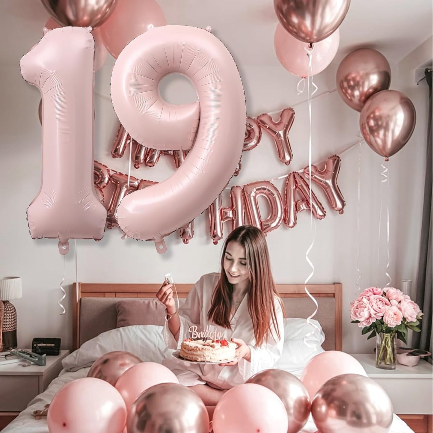 Pastel Pink 19 Balloon Number for Girls, 40'' Self Inflating Number 19 Balloons, Big Light Blush Pink Foil 1 & 9 Helium Balloon 19 for Women Boho Coquette 19th Birthday Party Anniversary Decorations