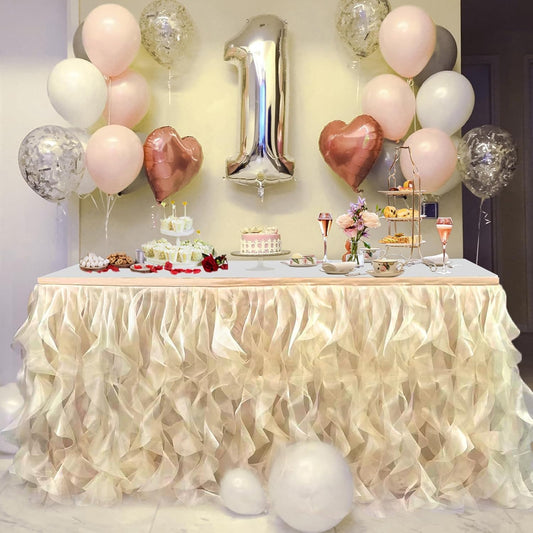 Luxury Organza Mesh Table Skirt Draping Floating Romance - Perfect for Bridal Showers, Birthday Weddings - Clear Flowing Decoration for a Wonderful Main Cake Table (Champagne-6ft, 72" L×30" H)