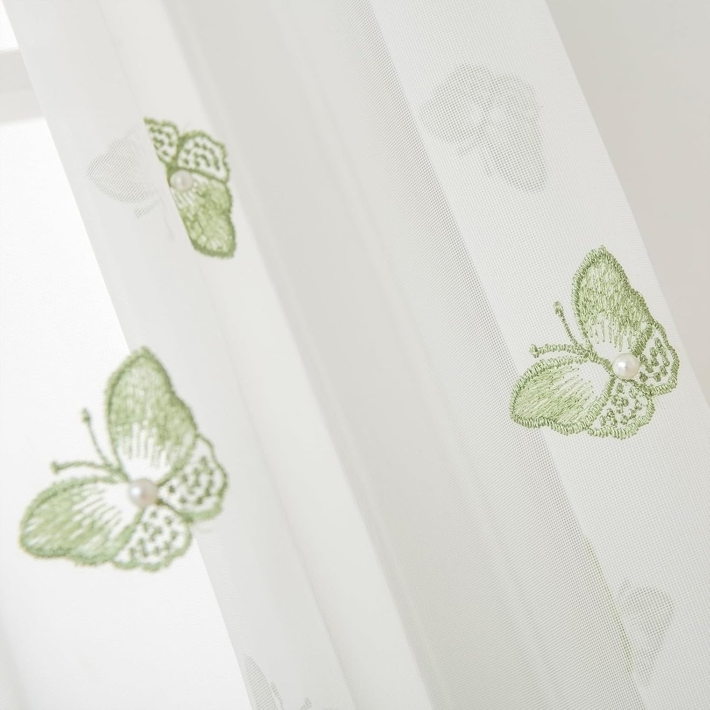 VISIONTEX White Sheer Voile Curtains, Decorative Green Embossed Butterflies Rod Pocket Window Drapes for Home Kitchen, Living Room and Bedroom 54 x 84 Inch, Set of 2 Curtain Panels