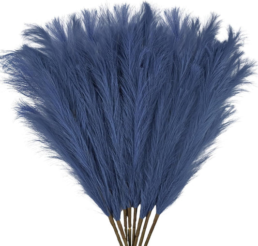35" Faux Pampas Grass Decor, 8pcs Large Tall Fluffy Artificial Pompous Grass Branches Floral Fake Pompas Grass Bulrush Floor Vase Filler Flower Arrangement for Home Wedding Boho Decor - Blue