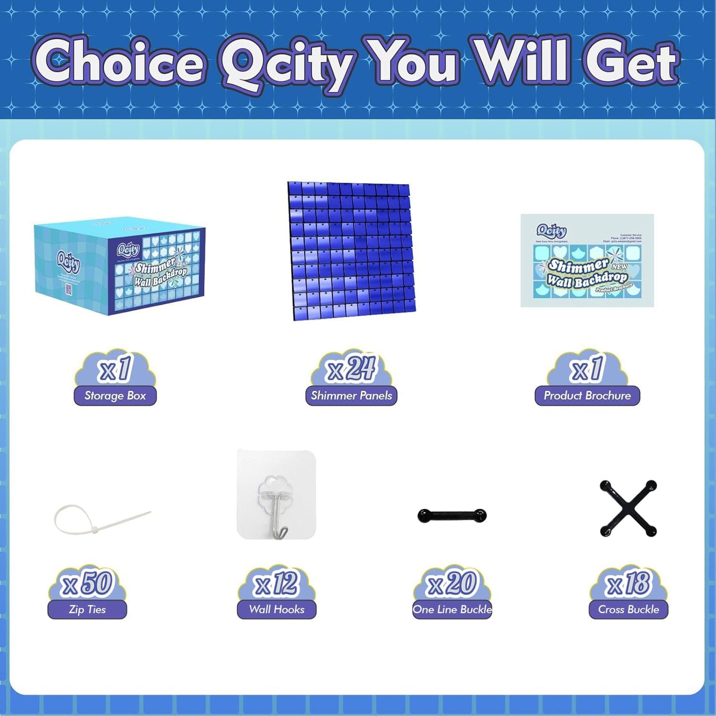 Qcity Blue Shimmer Wall Backdrop 24PCS, Black Back Not See-Through Design, Square Sequin Glitter Backdrop Panel, Perfect for Outdoor Events, Birthdays, Wedding and Party Decoration