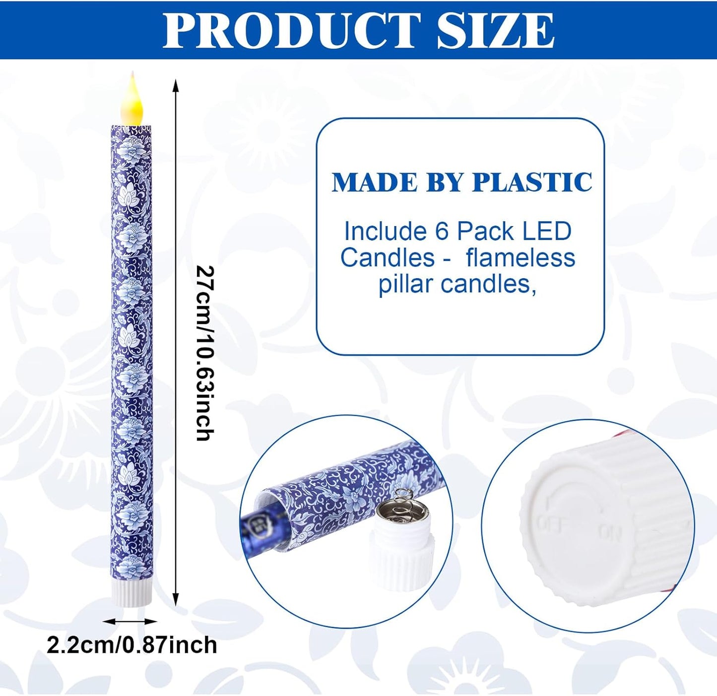 Baquler 6 Pcs Christmas Chinoiserie Flameless Candles 10.6 Inch Blue and White Battery Operated Led Candlesticks Chinoiserie Decor for Christmas Centerpiece Xmas Party Decor Holiday Gifts