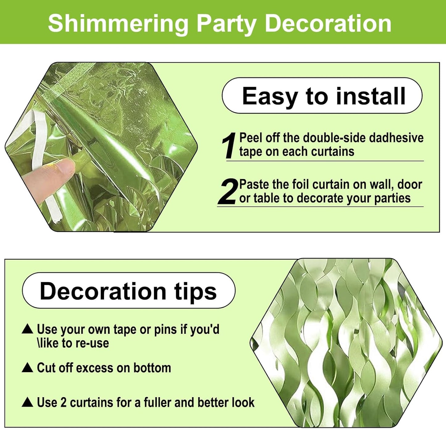 4 Pack Light Green Wave Foil Fringe Curtain Backdrop, 3.28Ft x 8.2Ft Metallic Tinsel Foil Fringe Streamer Curtains for Photo Booth, Mother's Day, Easter, Birthday, Wedding Party Decoration