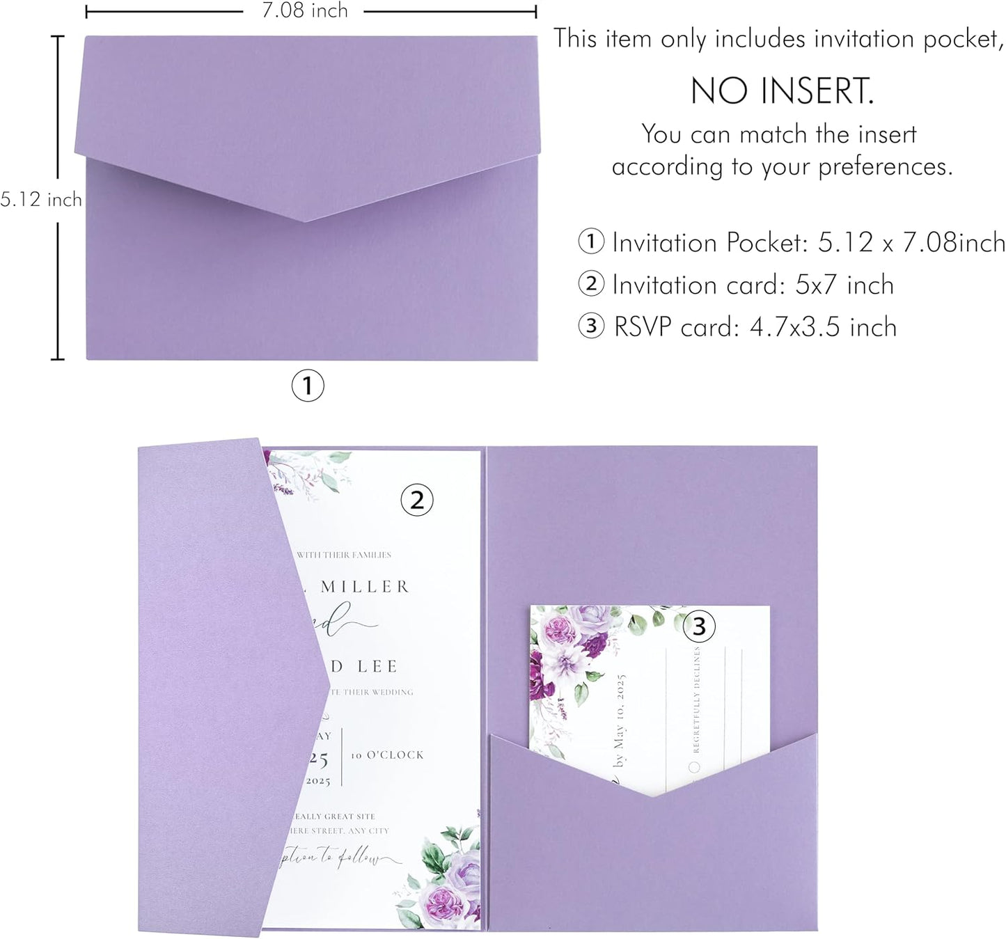 20 PCS Lilac Tri-fold Laser Cut Wedding Invitation Pockets for 5x7 Wedding Cards Bridal Shower Engagement Quinceanera Invitation