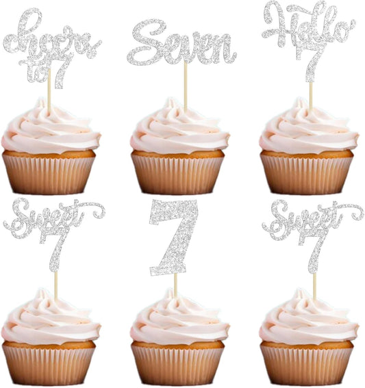 30Pcs 7th Birthday Cupcake Toppers Glitter Seven Happy 7 Cupcake Picks Cheers to 7 Years Old Cake Decorations for 7th Birthday Party Supplies Silver