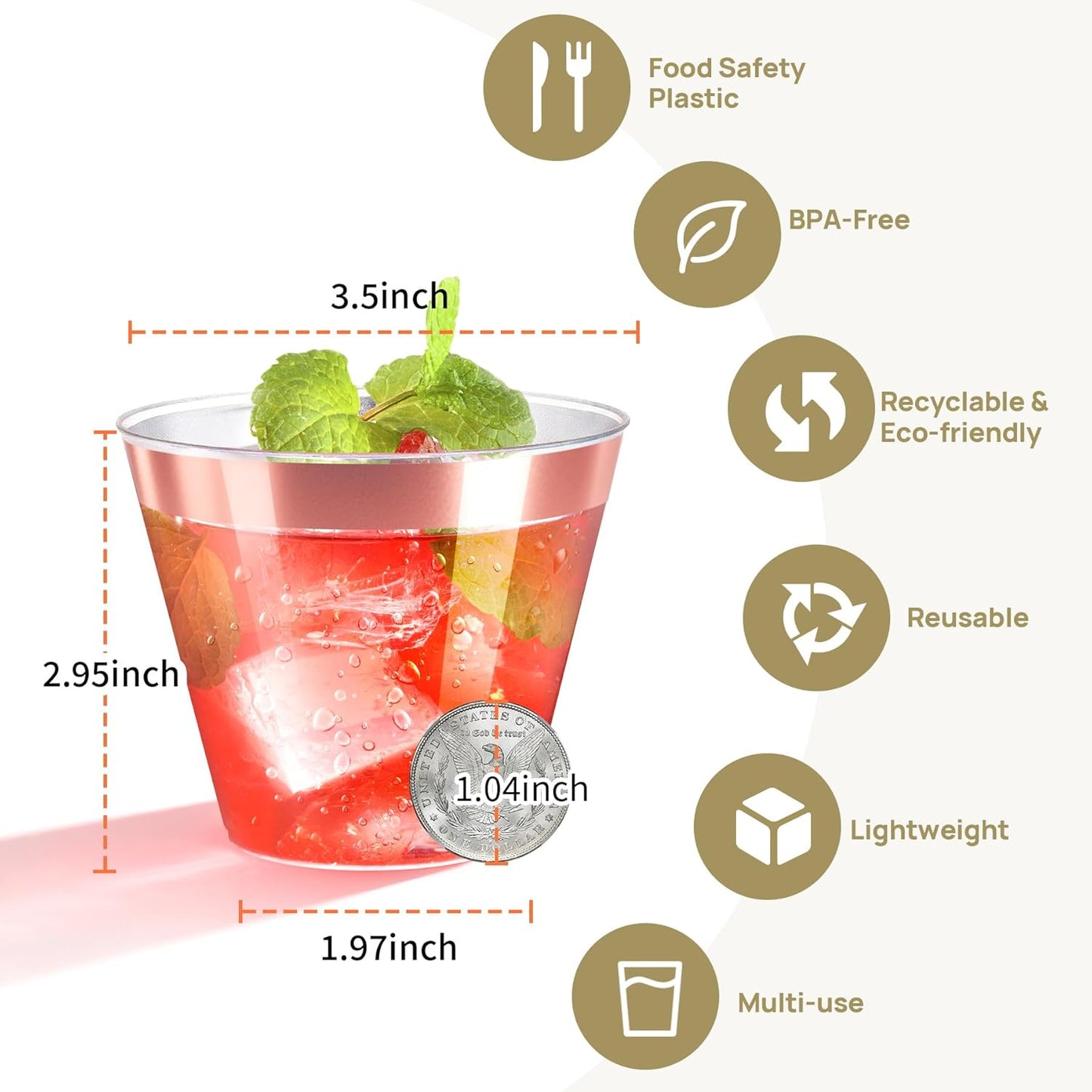 [200 Pack] 9oz Clear Plastic Cups with Rose Gold Rimmed Sturdy & Food Safe Disposable Wine Glasses Party Wedding Disposable Drinking Cups Plastic Cocktail Glasses for Wine, Juice & Cold Beverages