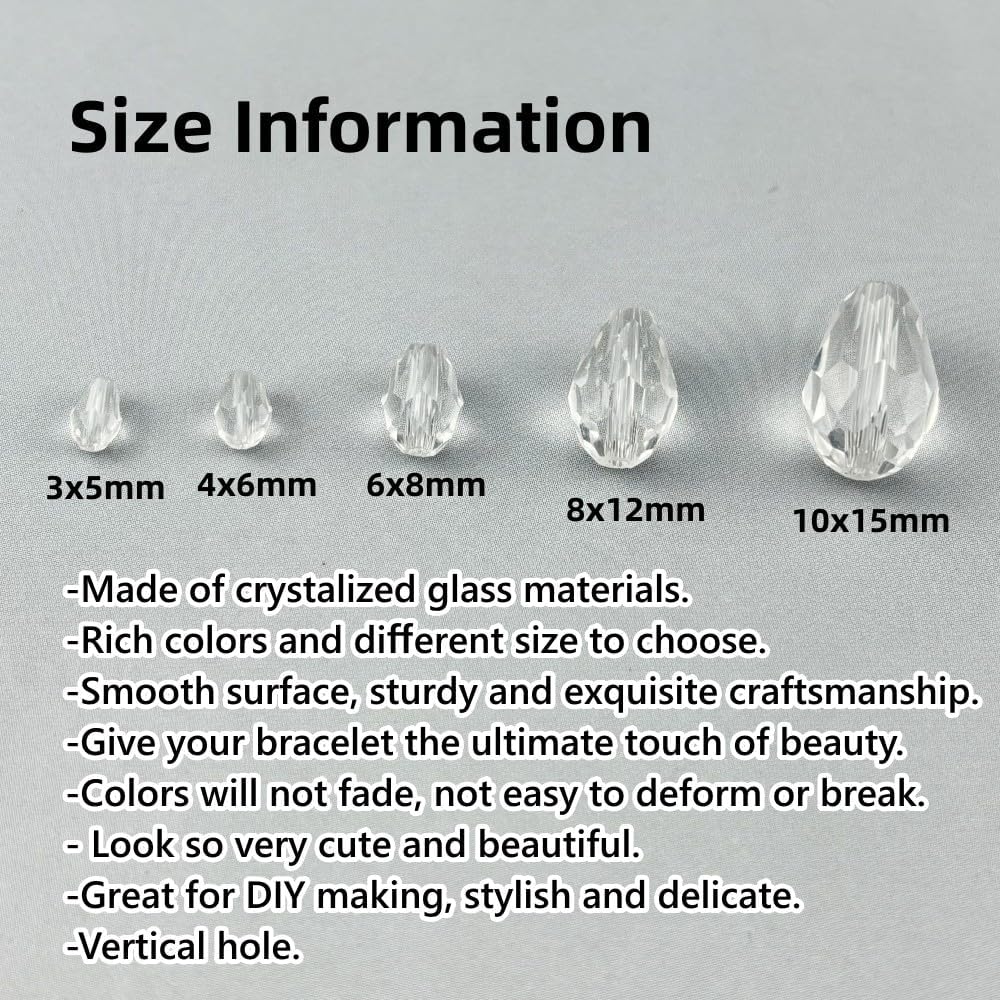 100pcs 8x12mm Teardrop Crystal Glass Beads for Jewelry Making, Faceted Vertical Hole Teardrop Glass Spacer Beads for Wind Chimes Bracelet Earring Necklace DIY Craft(Transparent)