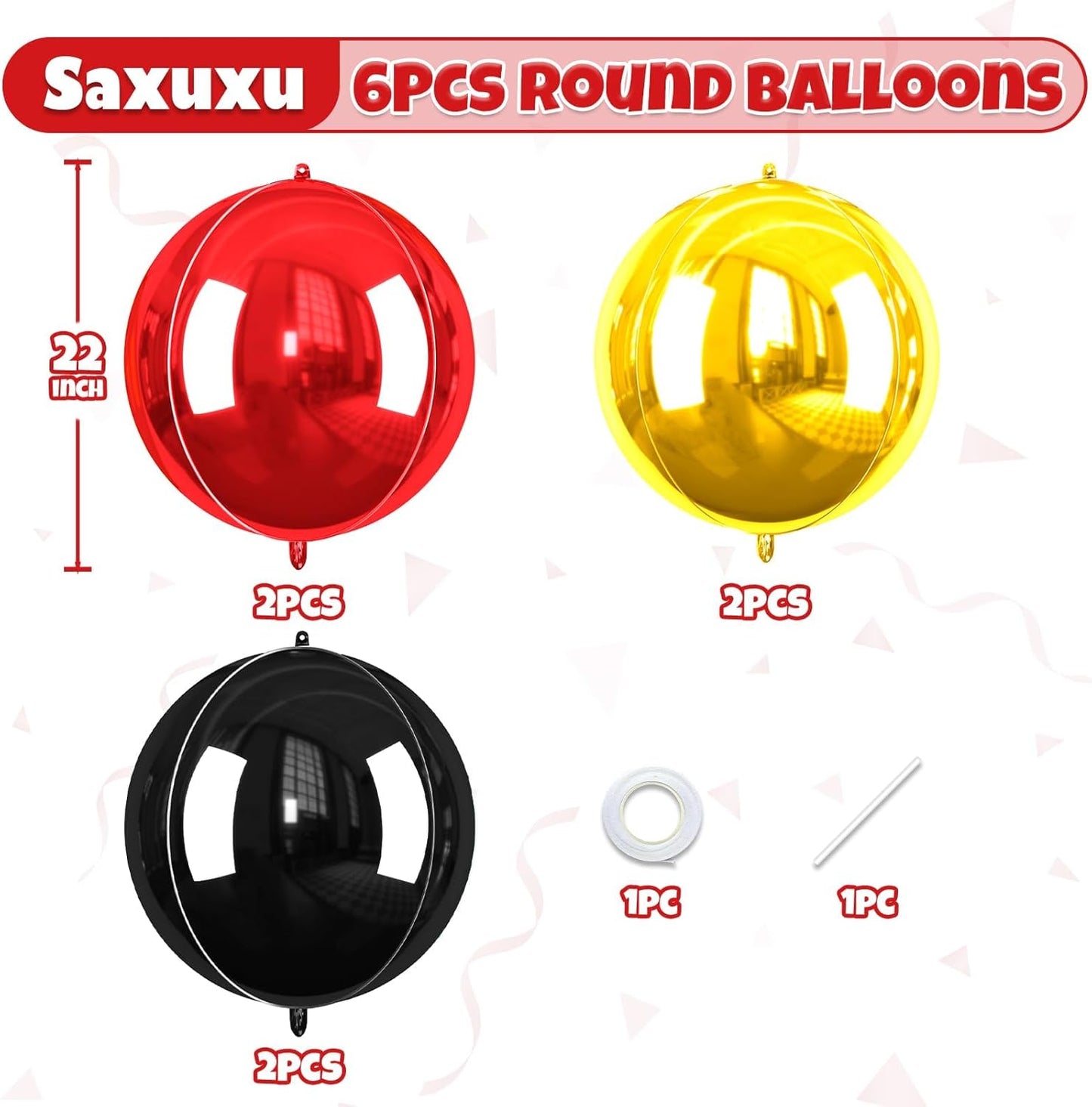 Black Gold Red Giant 4D Foil Balloons, 6 Pcs Large Metallic Black and Gold Round Balloons, 22 Inch Big Round Foil Balloon for Birthday Party Baby Shower Graduation Prom Wedding Decorations