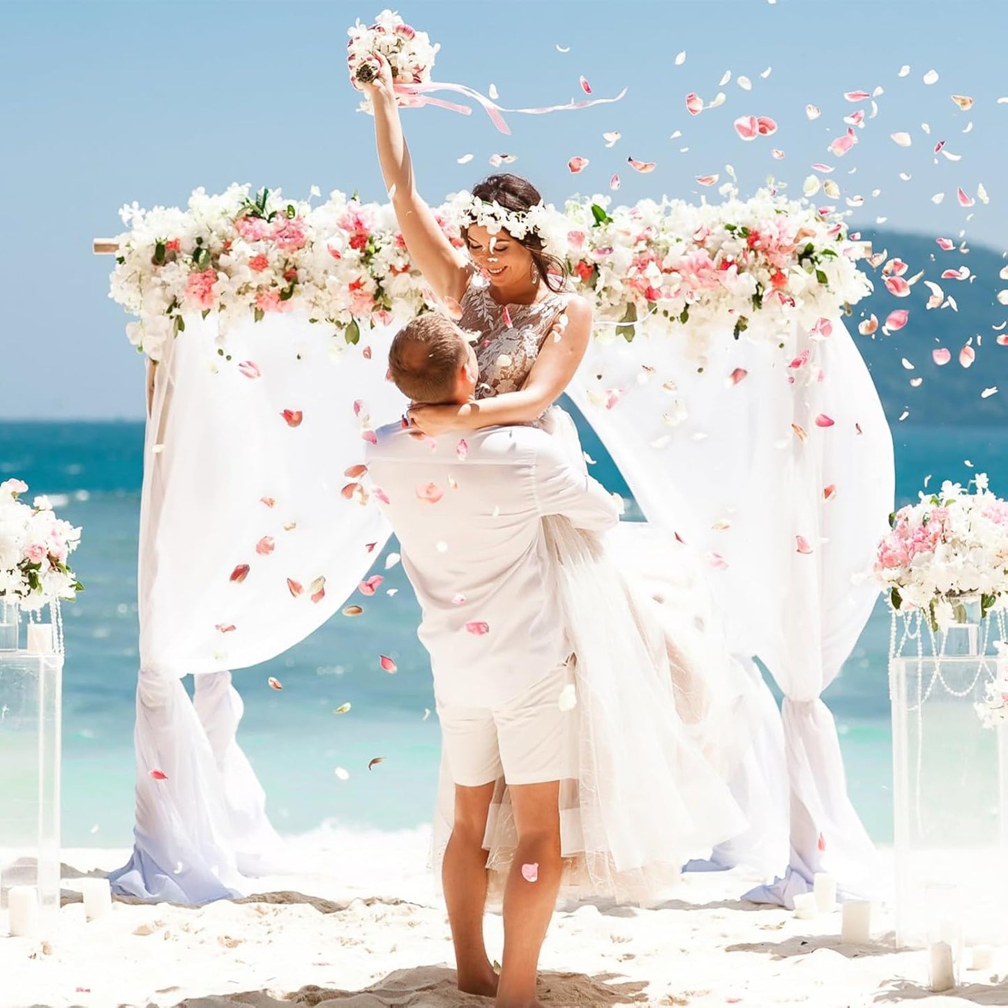 VOK White Wedding Arch Draping Fabric 29in x 18Ft 4 Panels Sheer Chiffon Curtain Drapes Extra Long for Outdoor Wedding Ceremony Birthday Party Decoration