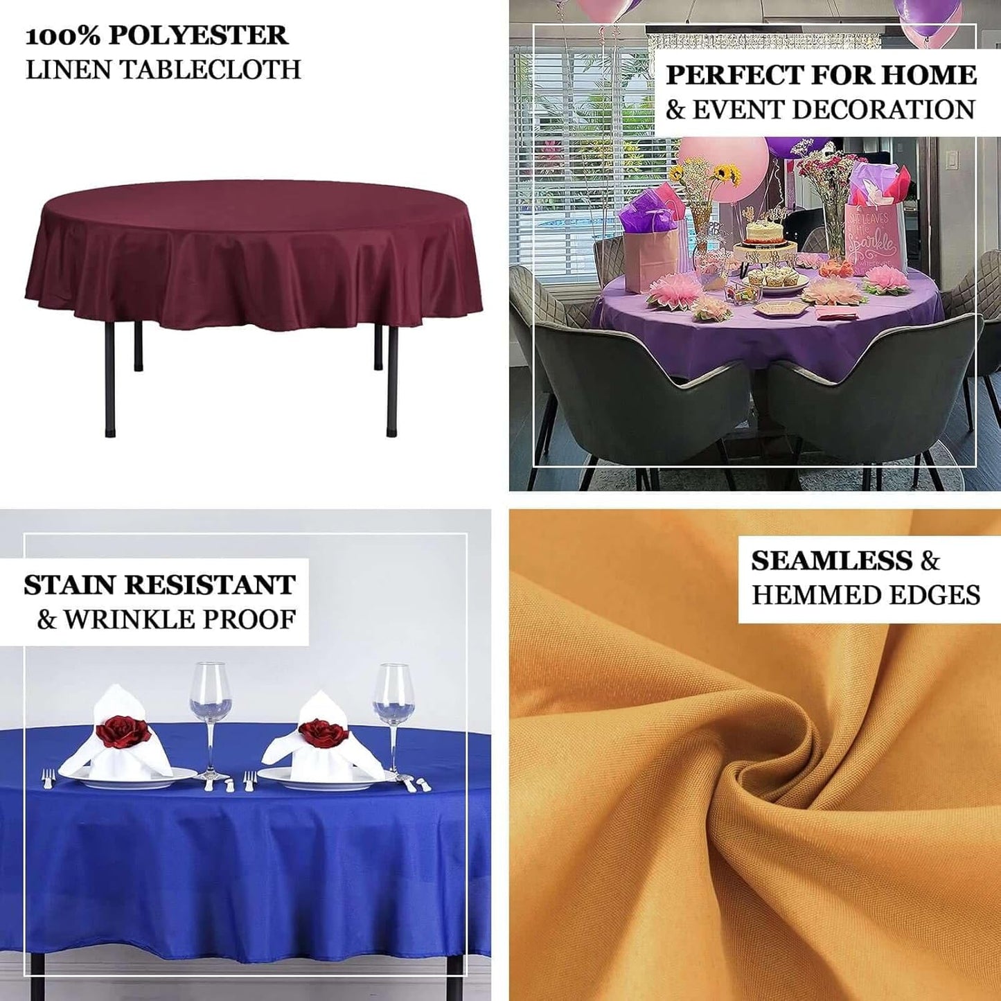 Efavormart Round Tablecloth, 70 Inch Stain & Wrinkle Resistant Washable Table Cloth, Decorative Polyester Fabric Table Cover for Banquet, Wedding, Dining- Burgundy