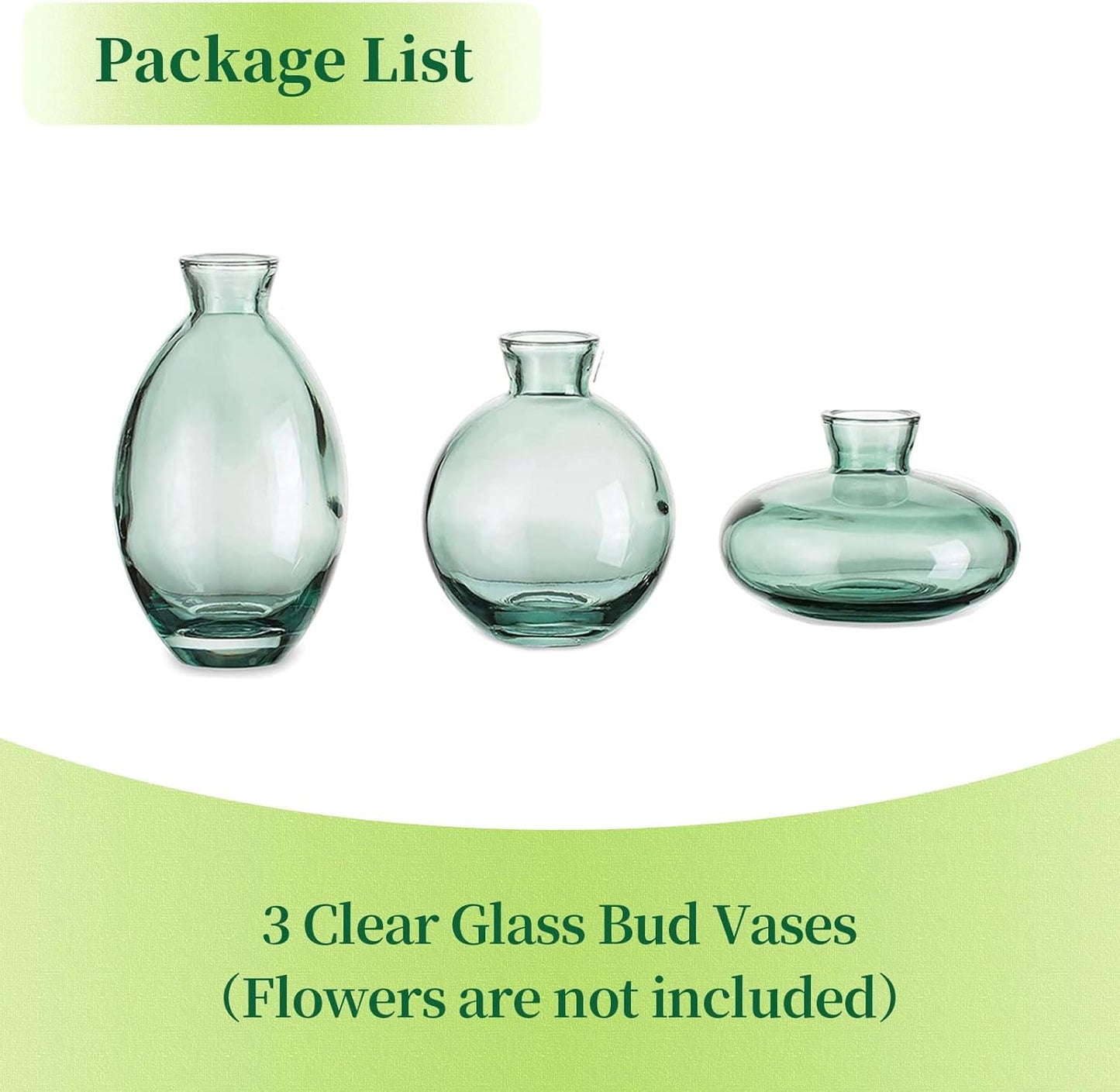 Glass Bud Vases Set of 3, Hewory Cute Green Small Vases Handmade, Mini Glass Flower Vase for Floral Arrangements, Tiny Centerpiece for Home Office Wedding Party Events Table Decor (Not Include Flower)