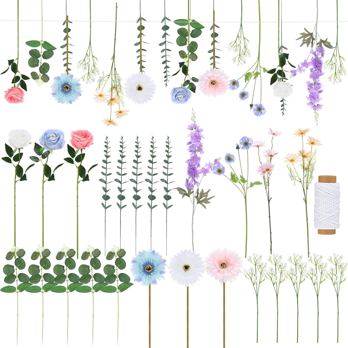 Hoteam 26 Pcs Pcs DIY Flower Garland Artificial Hanging Wildflower Backdrop Set Fake Rose Eucalyptus Daisy Poppy Wild Flower Decor for Wedding Party Birthday Home Garden (White,Blue,Pink)