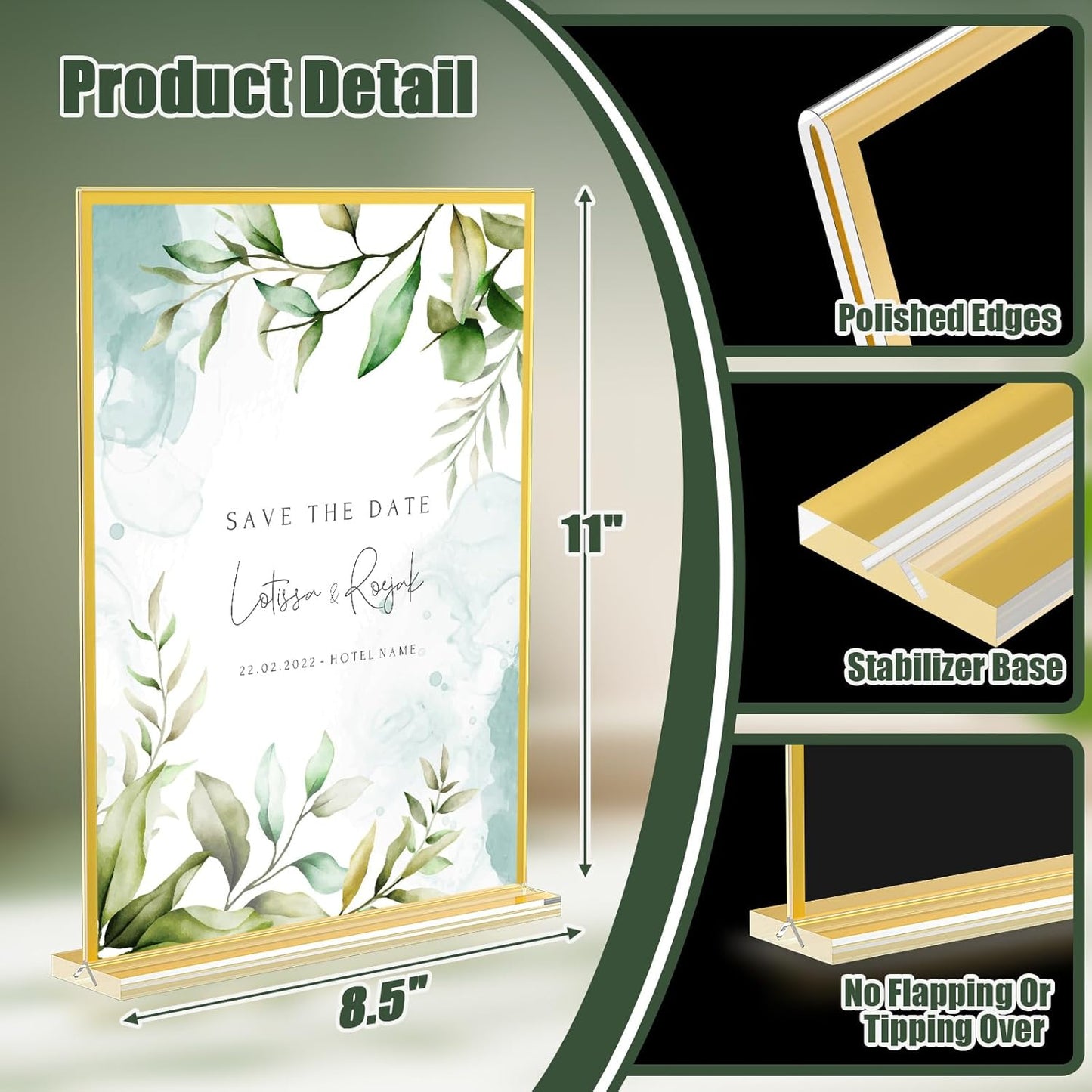 Acrylic Sign Holder 8.5 x 11,9 Pack Clear Sign Holder Double Sided Gold Table Menu Vertical Desktop Display Stand Paper Flyer Holder Tabletop Sign Holder Suitable for Restaurants, Office, Store,Hotels