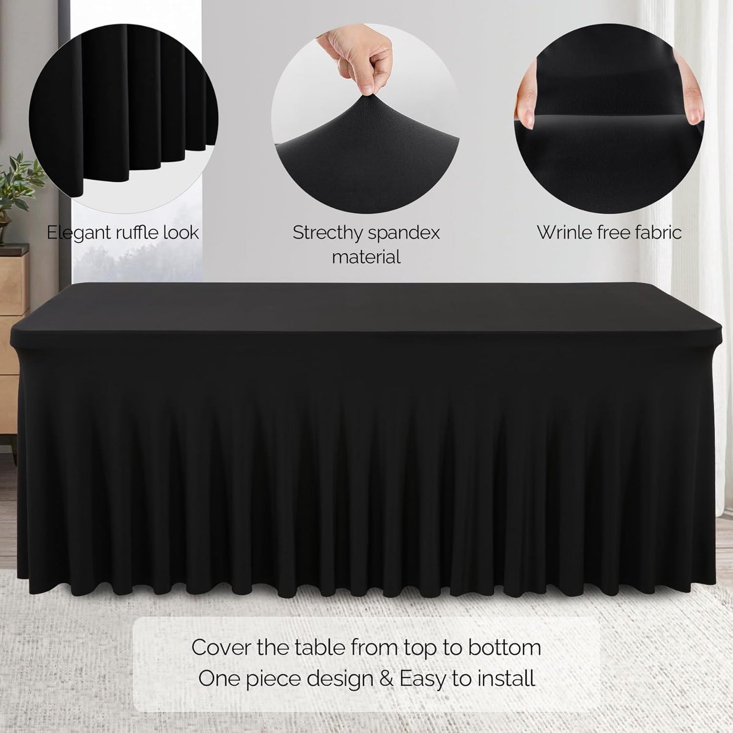 Wish Care 6 Pack Black Spandex Table Cloths for Rectangle Tables 6ft - One-Piece Wrinkle Free Fitted Table Cover 6 Foot Table Stretch Tablecloths for Party, Banquet, Wedding and Events