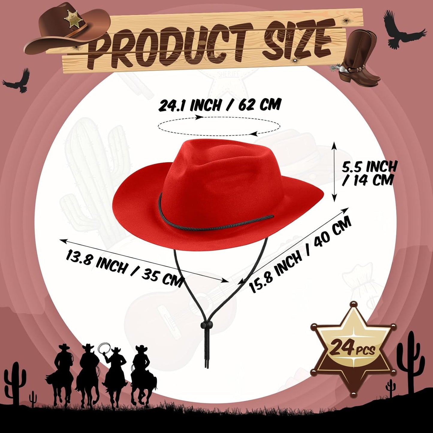 Mepase 24 Pieces Disposable Plastic Western Cowboy Hat Set Felt Wide Brimmed Cowgirl Hats for Men Women Costume Party(Red)