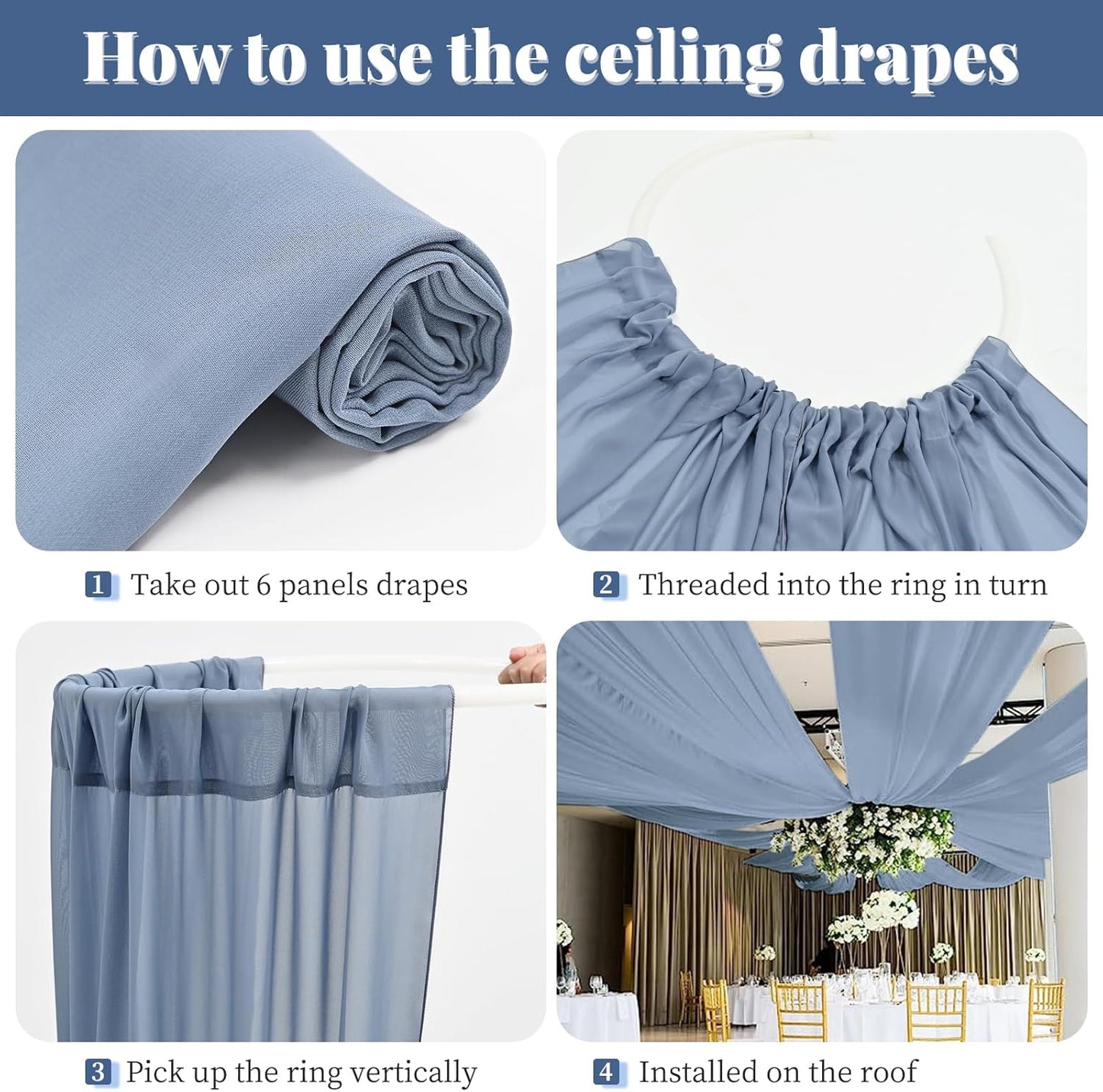 6 Panels Dusty Blue Wedding Ceiling Drapes 5ftx20ft Ceiling Drapes Chiffon Fabric Arch Draping Sheer Curtains Soft Drapery Draping Wedding Ceiling Decorations for Party Ceremony Stage Swag