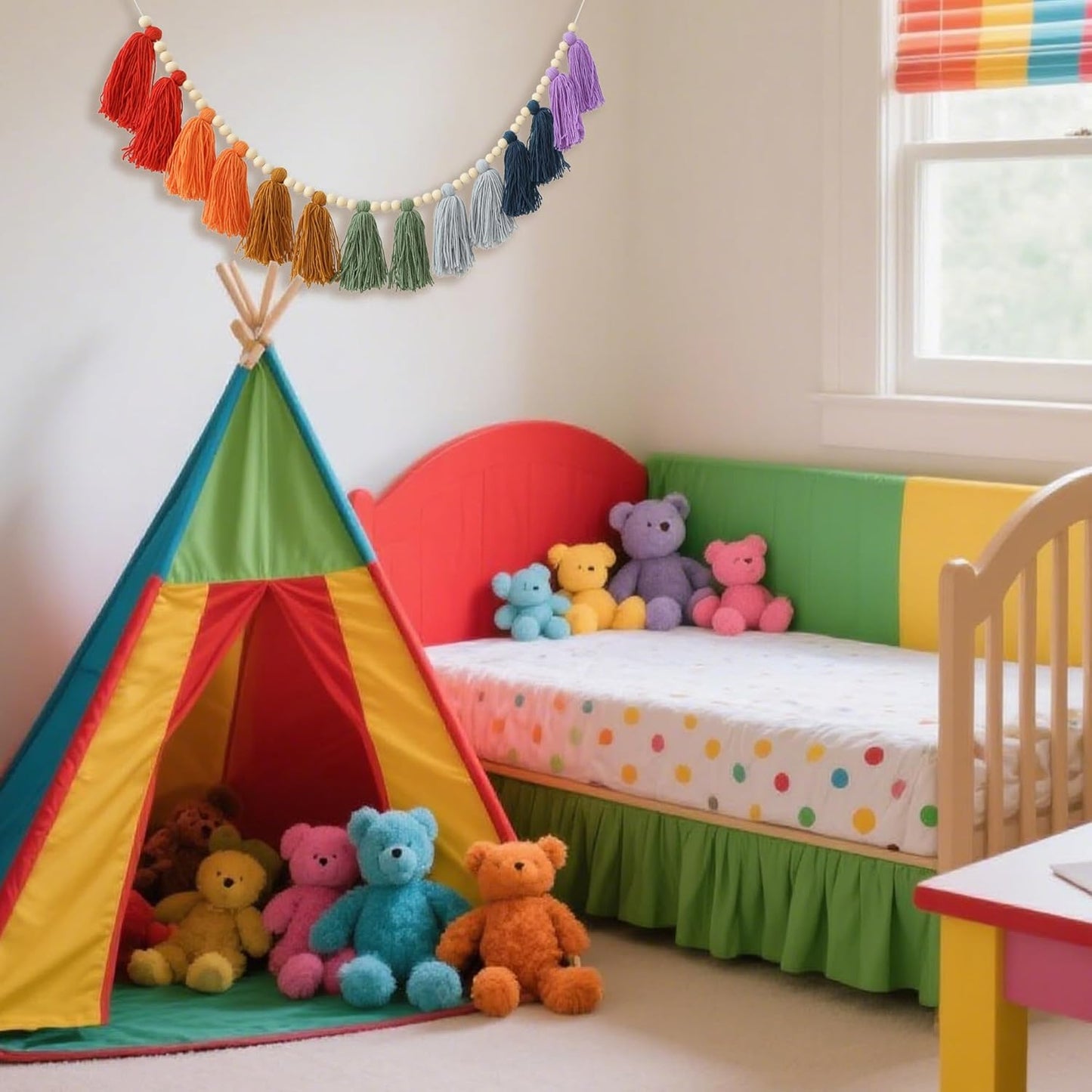 Boho Tassel Garland Wall Hanging with Wood Beads Colorful Tassel for Kids Room Bedroom Classroom Nursery Dorm Decorations