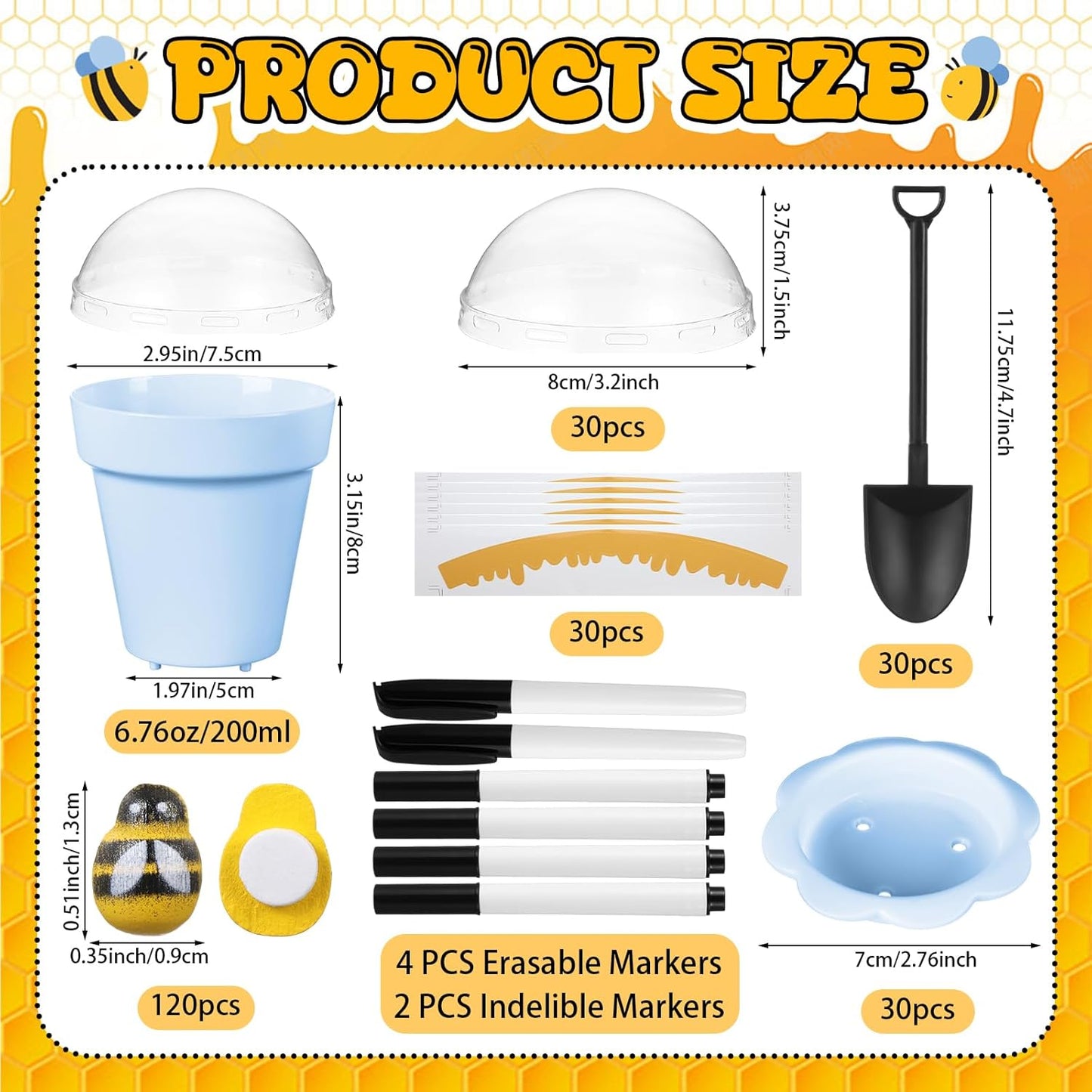 30 Sets Mini Honey Bee Pots with Lids, Spoon, Saucers and Bee Charms, 6.76 OZ Plastic Honey Jars for Cupcake Dessert Themed Party Favor Planter Baby Shower Birthday Wedding Decoration (Blue)