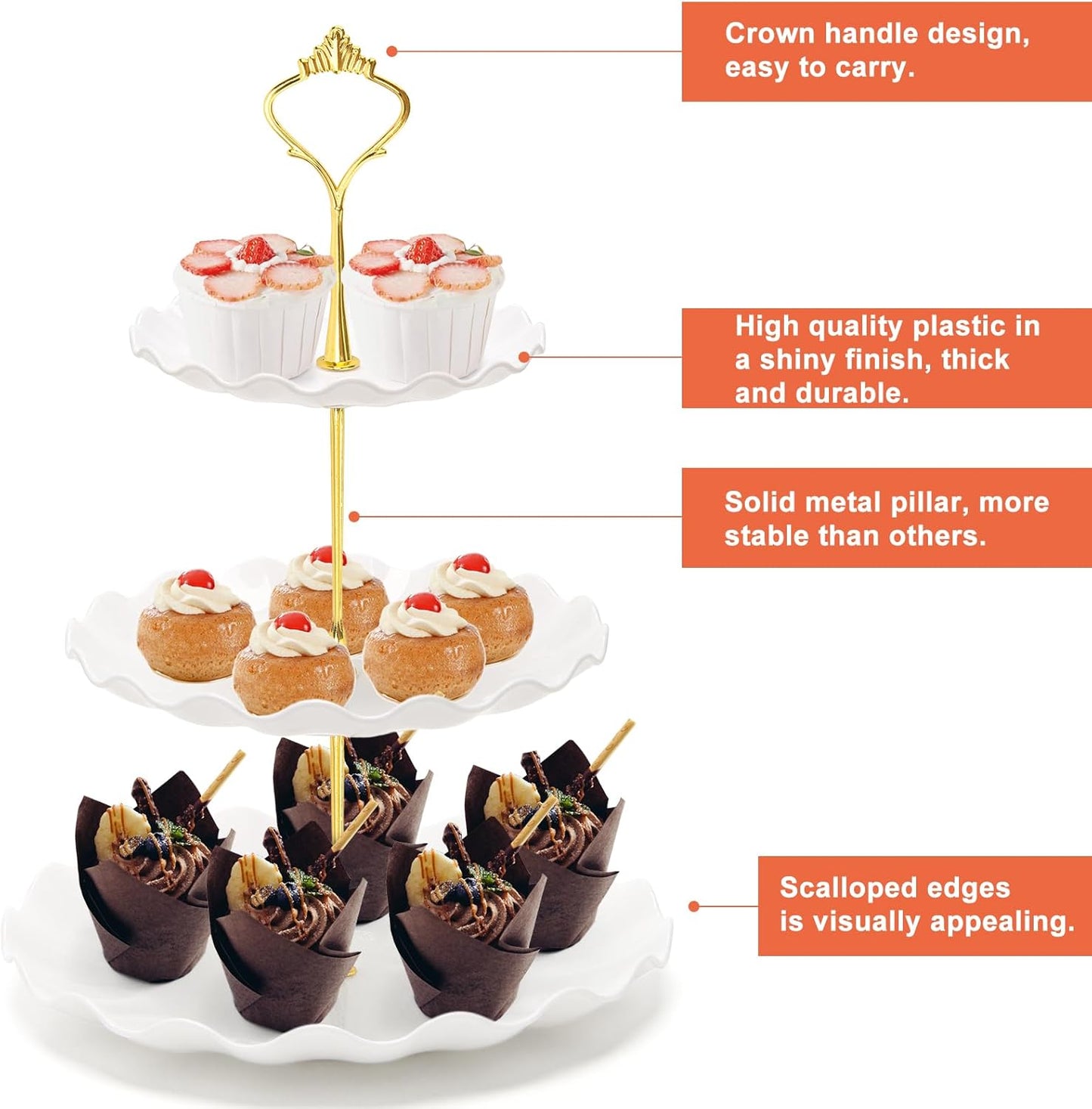 Coitak 3 Tier Cupcake Stand, Plastic Tiered Serving Stand, Dessert Tower Tray for Tea Party, Baby Shower and Wedding (Wavy-Metal Rod)