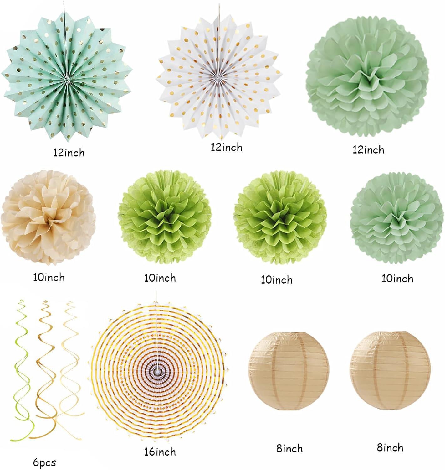 Sage-Olive Green Gold Brown Boho Party-Decorations - 33pcs Paper Lanterns Fan, Banner,Streamers Tassel Garland,Tissue Pom Poms,Baby Bridal Shower Birthday Wedding Bachelorette Engagement Decor Hugtmr