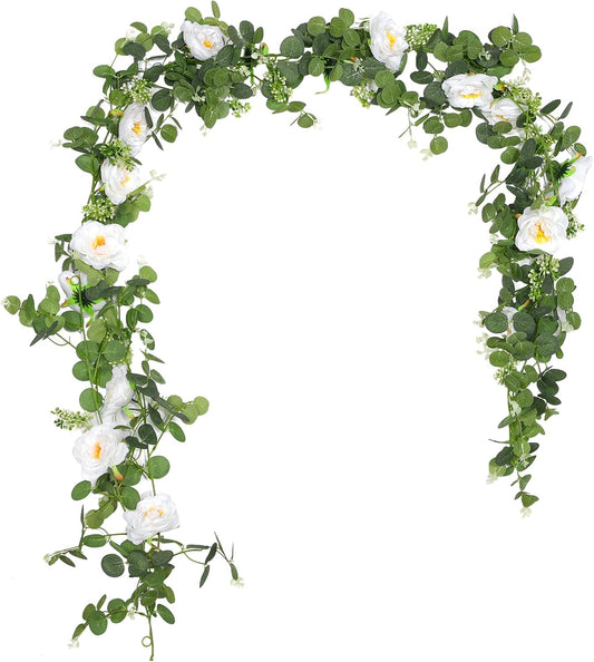 2 Pcs Total13Ft Eucalyptus Flower Garland with Fake Rose Flower, Artificial Fake Flowers Greenery Garland Floral Vines for Decoration Party Wedding Table Indoor Outdoor Backdrop Wall Decor(White)