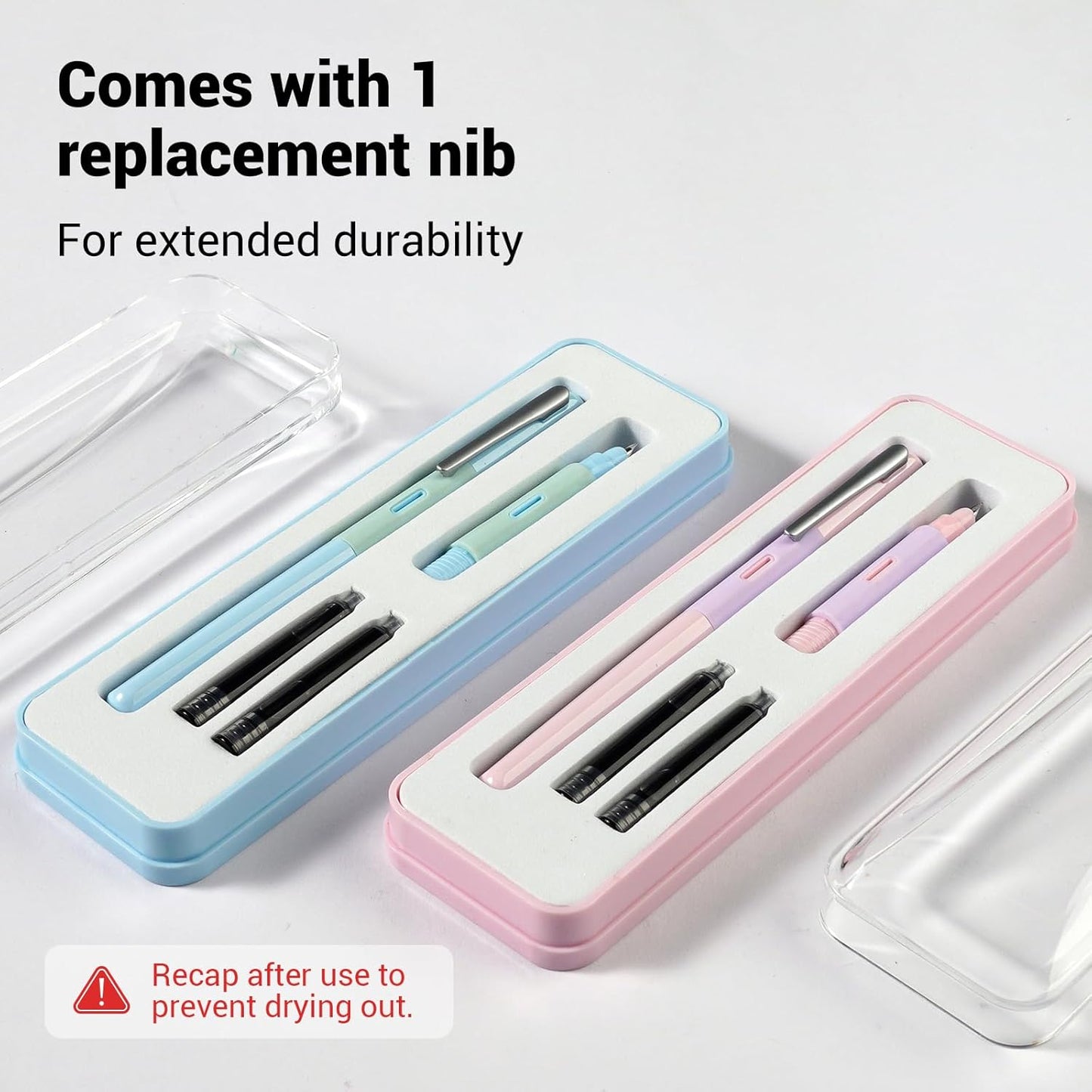 WRITECH Soft Grip Fountain Pen: Black Ink Fine Nib Pen with 1 Replacement Nib Set and 3 Ink Cartridges Smooth Writing for Calligraphy Journaling Gift (Blue)