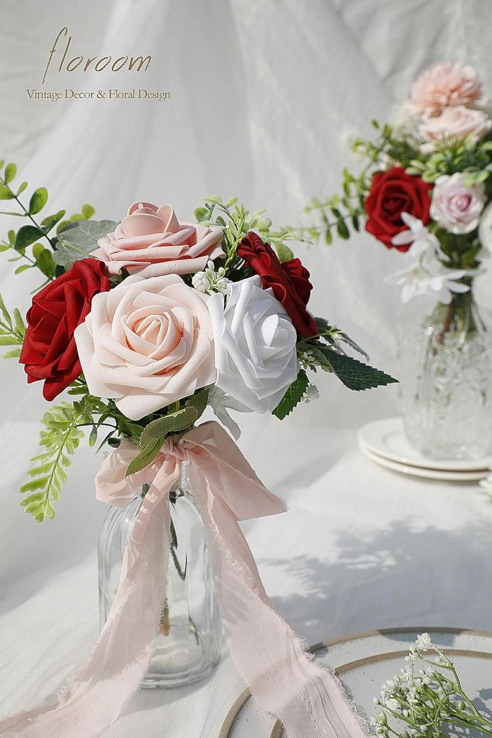 Floroom Artificial Flowers 25pcs Real Looking Dark Red Ombre Colors Foam Fake Roses with Stems for DIY Wedding Bouquets Bridal Shower Centerpieces Floral Arrangements Party Tables Home Decorations