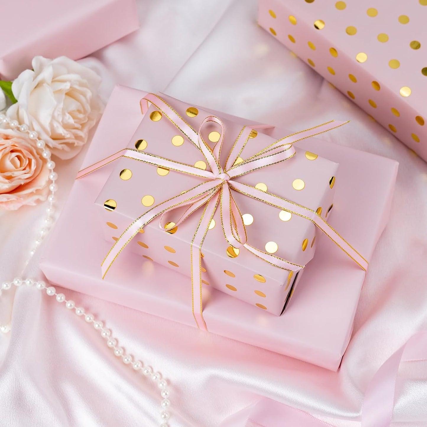 Flyhill Pink Wrapping Paper Roll,Reversible Mini Roll Gold Foil Polka Dot Gift Wrap for Birthday,Girls,Baby Shower,Wedding (17 Inch X 32.8 Feet)