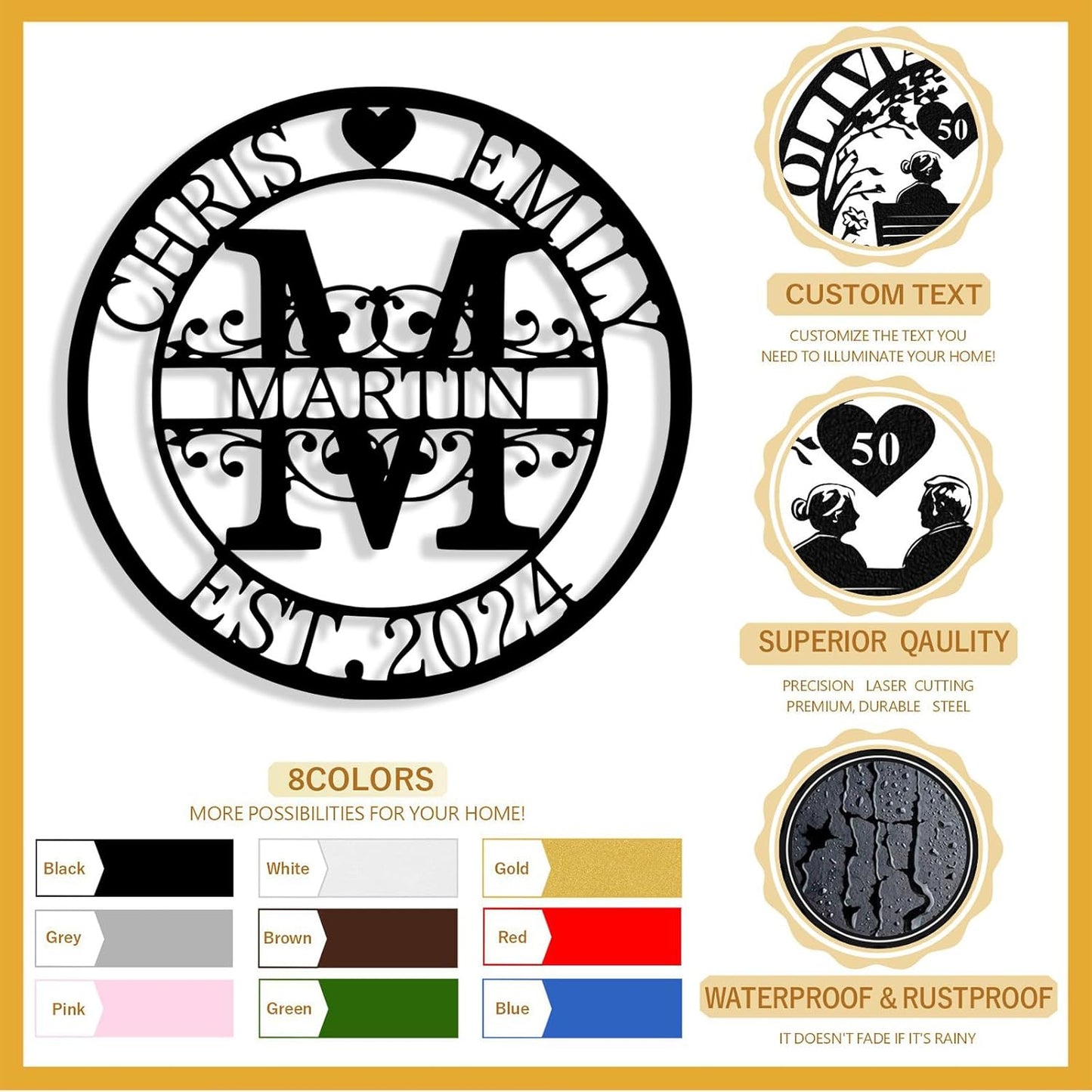 Custom Metal Name Sign, Personalized Family Last Name Signs for Home, Split Letter Monogram Wall Art Decor, Customized Metal Signs for Outdoor, Personalized Wedding Housewarming Gift