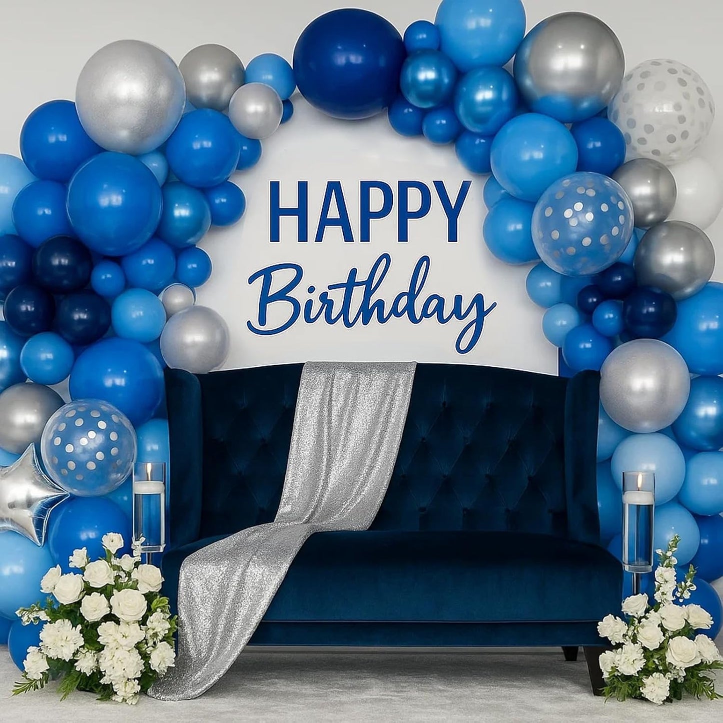 Patimate Blue Silver Balloons Set, 50 pcs 12 inch Metallic Navy Royal Blue Silver Confetti Latex Balloons Kit for Boy Men Birthday Retirement Baby Shower Graduation Party Decorations