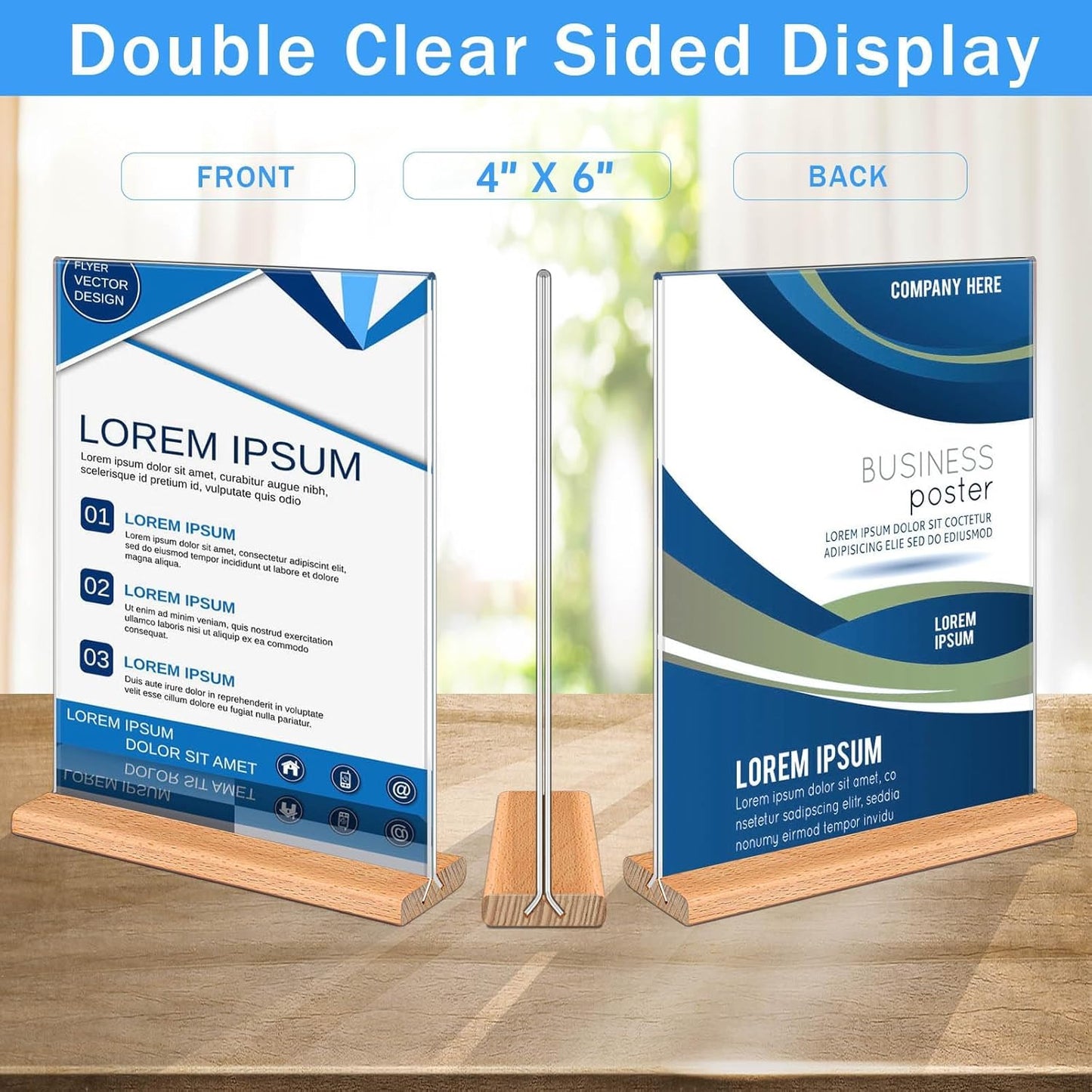 Kersally Acrylic Sign Holder 4 x 6,6 Pack Double-Sided Clear Vertical Table Display Stands with Wood Base, Acrylic Frame Menu Flyer Paper Holder for Stores, Restaurants, Hotels, Office, Show Fair