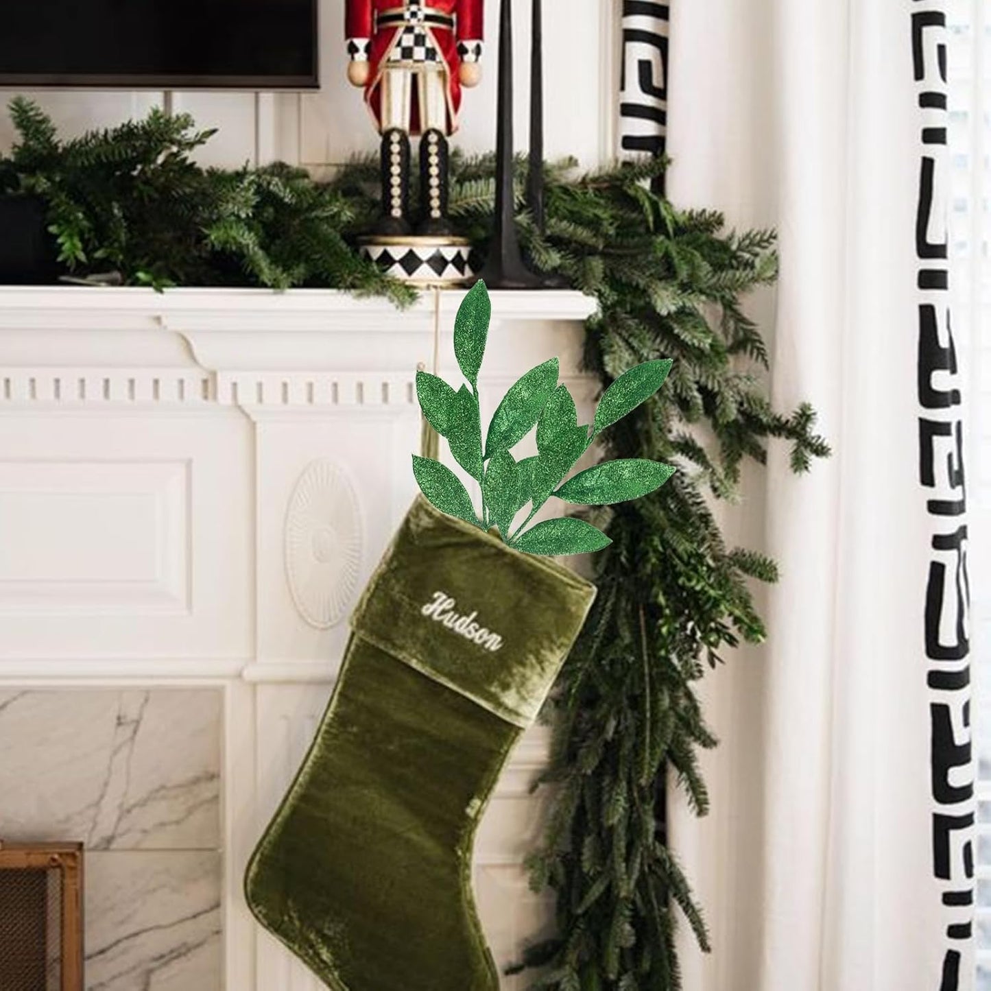 GREENTIME 12 Pack Artificial Green Glitter Leaves 13" Fake Christmas Picks Decorative Glitter Sticks for Vase Christmas Tree DIY Wreath Crafts Fireplace Decor