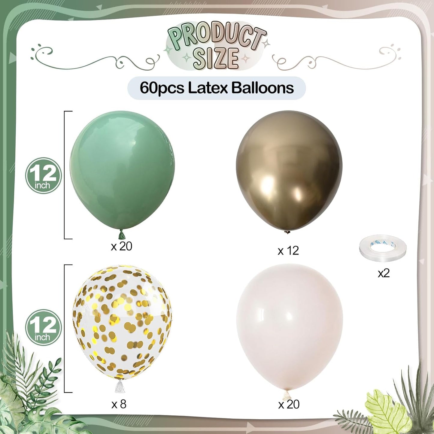 Sage Green Gold Balloons, 60 Pcs 12 Inch Olive Green White Balloons with Metallic Gold Confetti Balloon for Birthday Wedding Baby Shower Bridal Shower Engagement Anniversaries Party Decorations