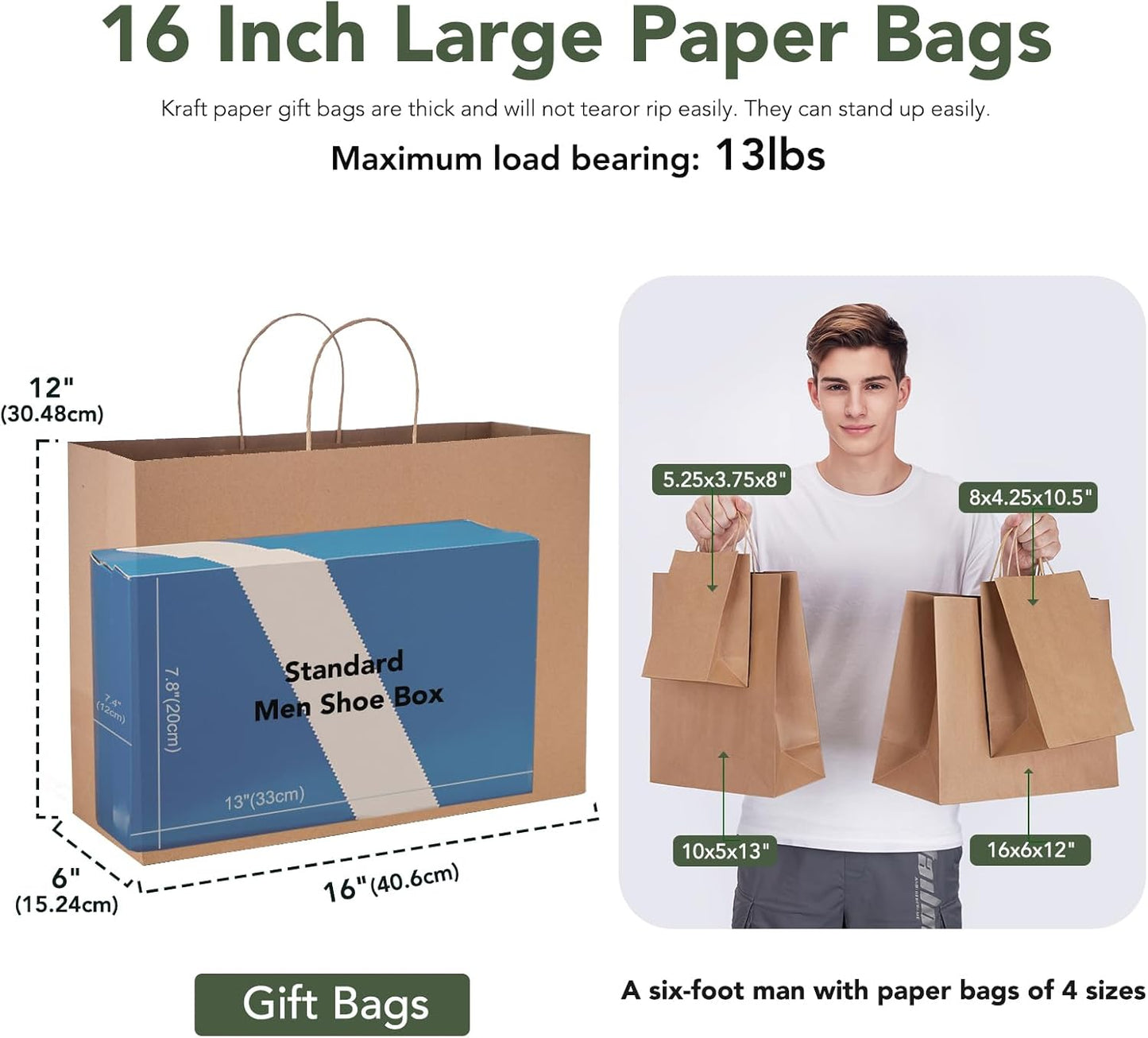 GSSUSA 16x6x12 Large Brown Paper Bags with Handles 50Pcs, Kraft Paper Gift Bags Bulk Bags for Small Business, Grocery & Retail, Boutique Shopping, Merchandise Packaging