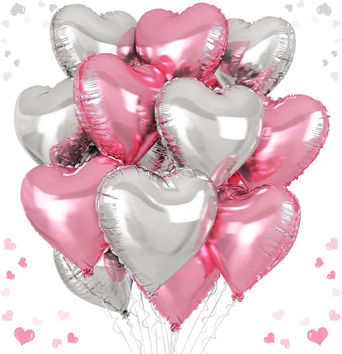 Pink Silver Heart Balloons, 18 Inch Pearl Pink and Silver Heart Shape Balloons, 12PCS Helium Love Foil Balloon for Birthday Baby Shower Engagement Wedding Party Decorations