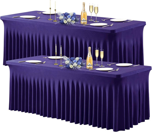 Wish Care 2 Pack Dark Purple Spandex Table Clothes for 6 Foot Rectangle Tables, 6FT Wrinkle Free Fitted Tablecloths Ruffles Design Table Cover for Party, Banquet, Wedding and Events