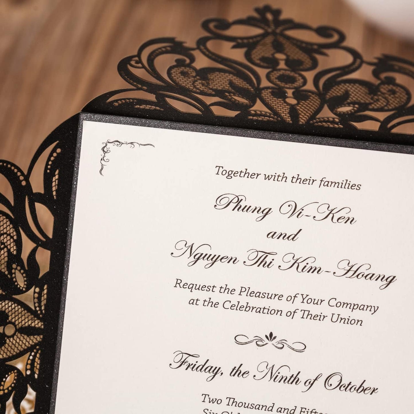 Hosmsua 50PCS Personalized Black Laser Cut Hollow Lace Rose Invitation Cards with Envelopes 6.3 x 6.3 Inch Wedding Invitations for Engagement Wedding Invite (Customized Printed)