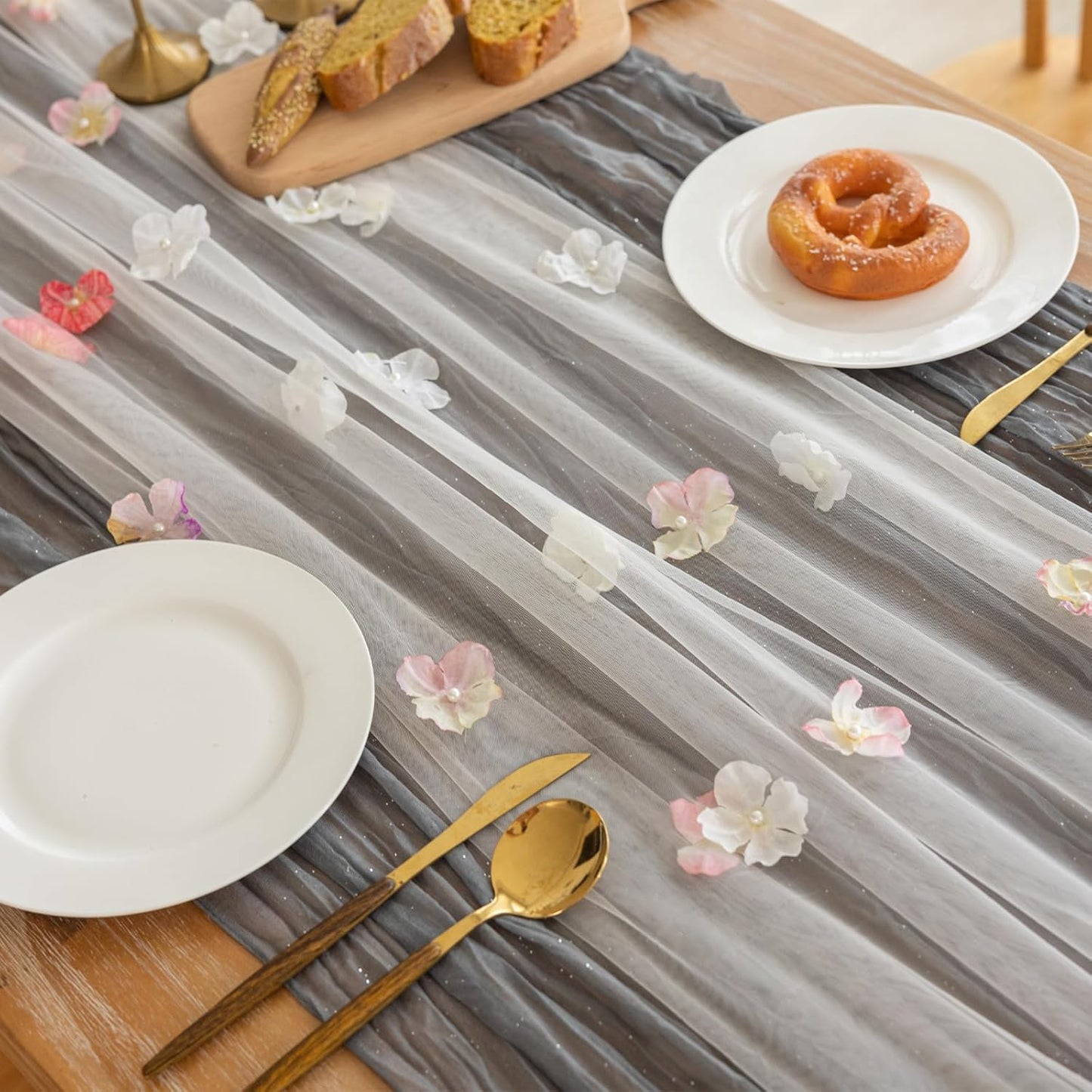 Romantic Artificial Floral Table Runner 10ft Gauze Tulle Lace Table Runner Set for Wedding Baby Shower Bridal Shower Holiday Kitchen Dining Table Decoration for Home Party Special Occasion