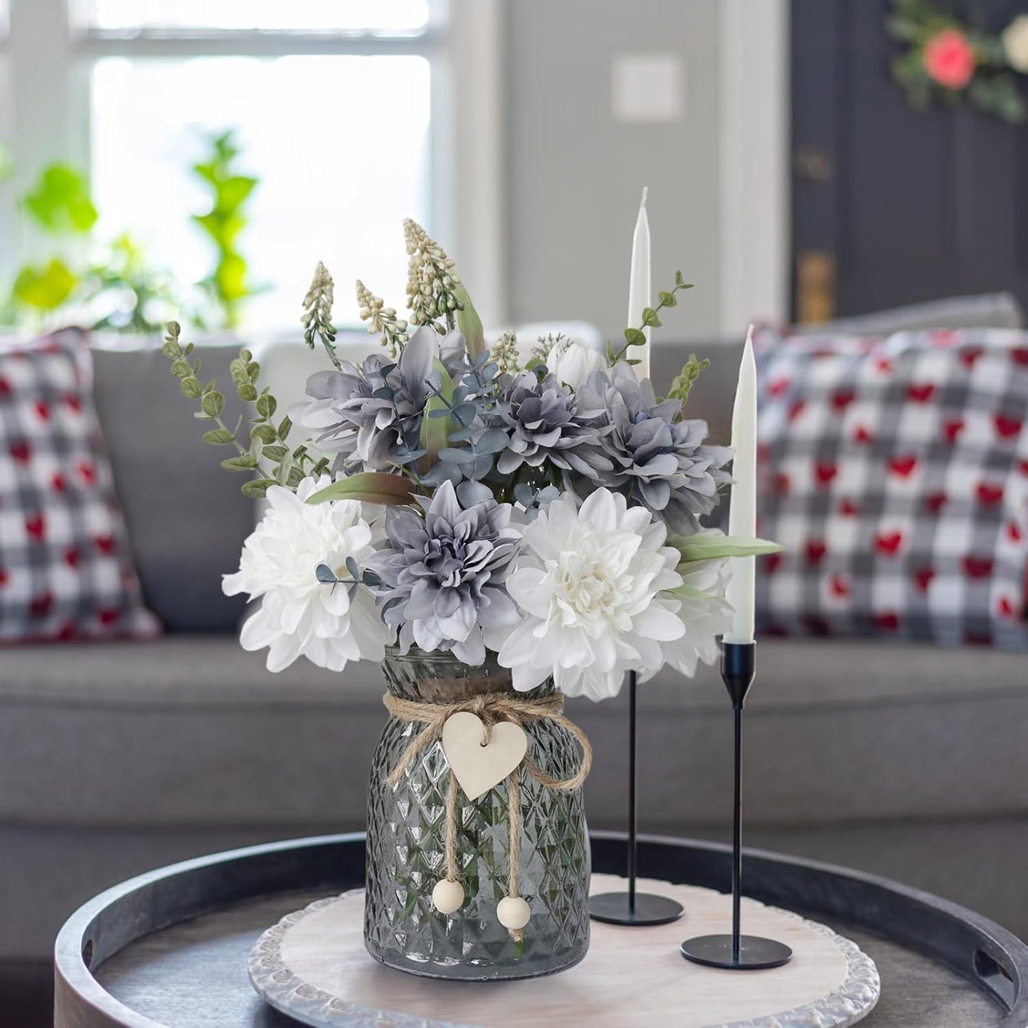 Fake Flowers in Vase,8 Dahlias,Silk Artificial Flowers in Vase,Centerpiece Table Decorations,Faux Flowers in Vase with a Flower Arrangement Holder