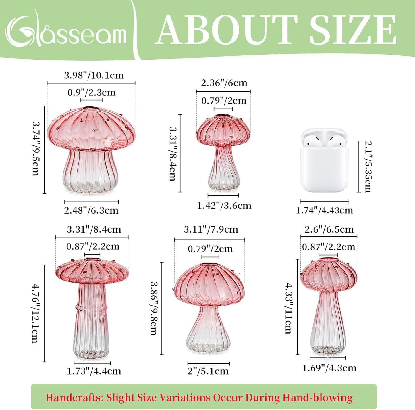 Glasseam Mushroom Plant Propagation Stations: Pink Glass Terrarium Jar Set of 10 Cute Planters for Indoor Plants Mini Propagate Station Unique Christmas Birthday Gifts for Women Home Office Decor