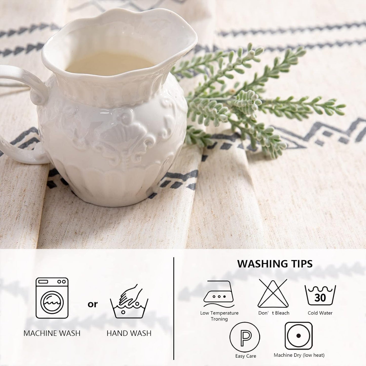 MYSKY HOME Boho Rectangle Tablecloth - Linen Fabric Table Cover - Farmhouse Decoration - 60x102 Inches - Waterproof Classic Bohemian Tablecloth for 6 Feet Table, Indoor and Outdoor Use, Grey