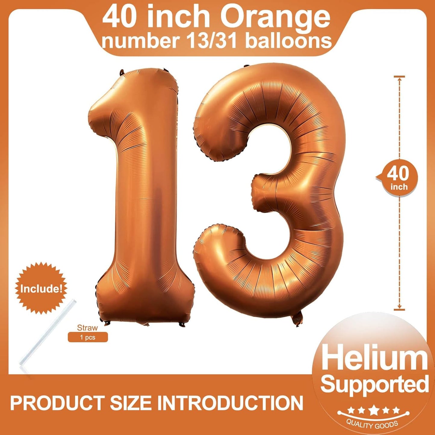 Number 13 Orange Balloons 40 Inch Giant Foil Helium for 13th Birthday Party Supplies 31st Anniversary Events Decorations