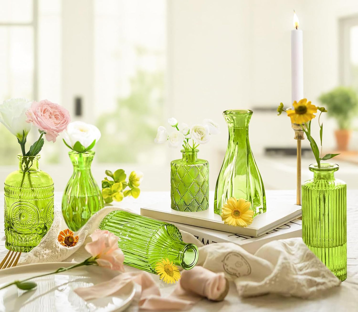 Green Glass Bud Vase Set,20Pcs Small Glass Vase for Flowers, Clear Bud Set in Bulk,Mini Single Vintage Style for Centerpiece for Rustic Wedding Decorations Home Table Flower Décor