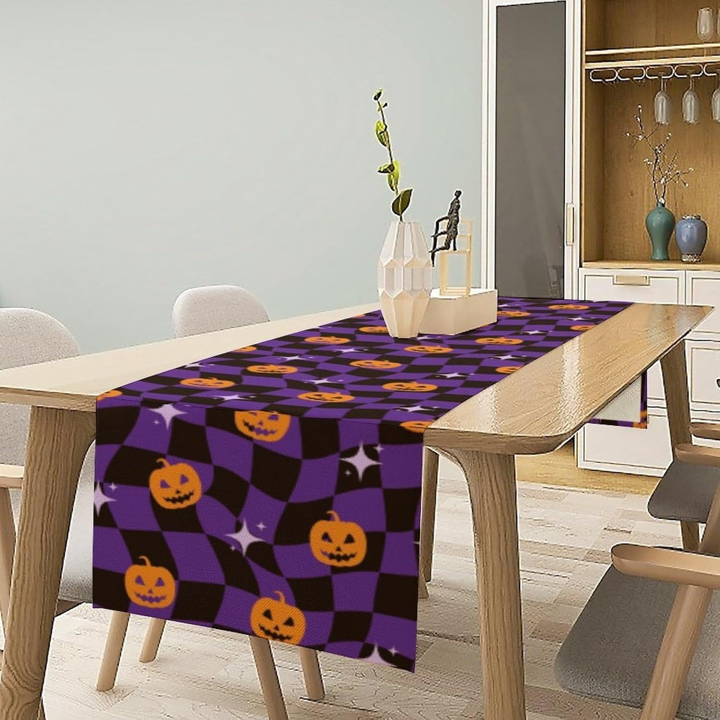 Halloween Table Runner,Purple Checkered Pumpkin Table Runner for Kitchen Dining Table Decoration Home Party Decor 13x70 Inch