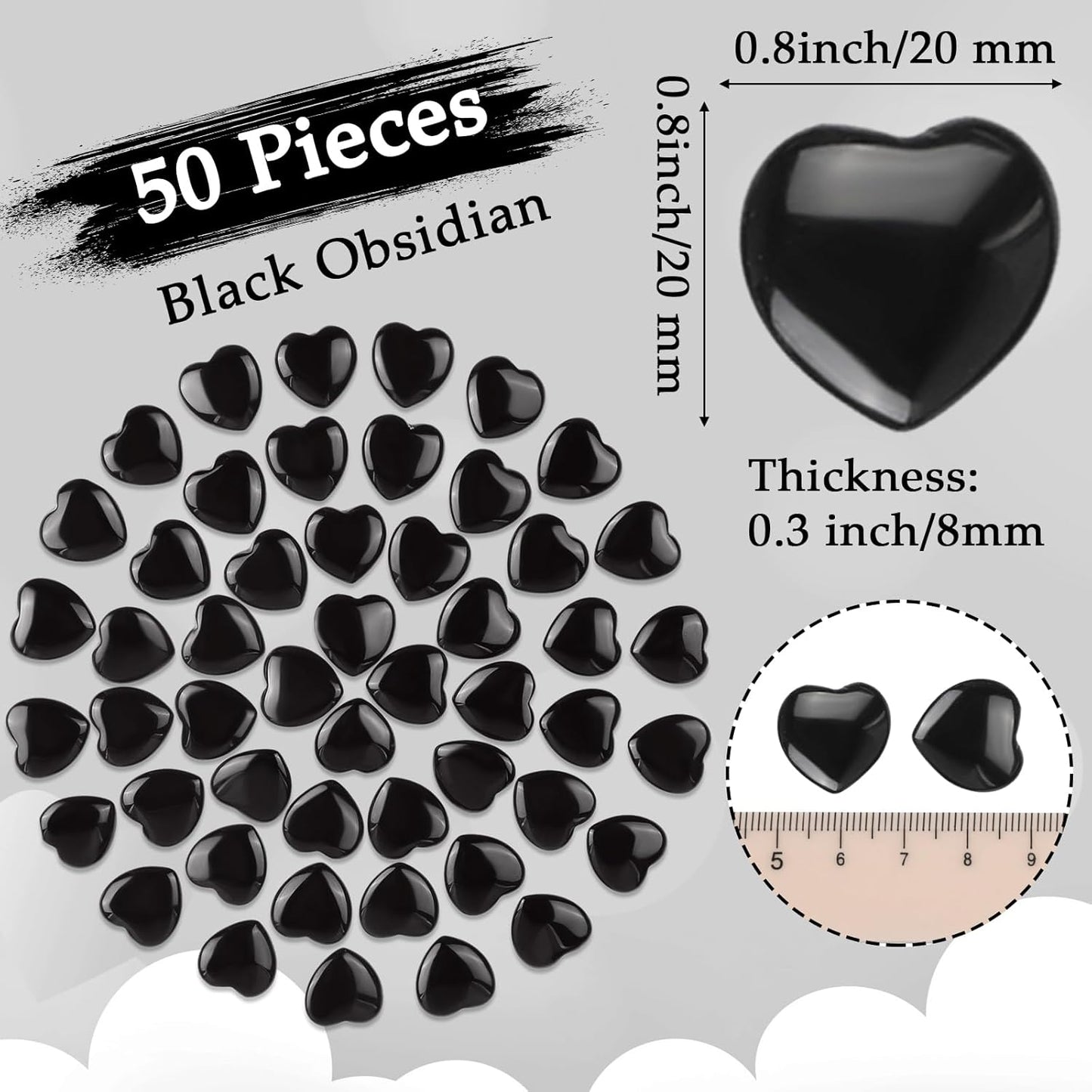 Gerrii 50 Pcs Heart Healing Stone Bulk Quartz Heart Inspirational Stones Gift for Women Love Pocket Polished Natural Energy Balancing Meditation 0.8 Inch(Black)