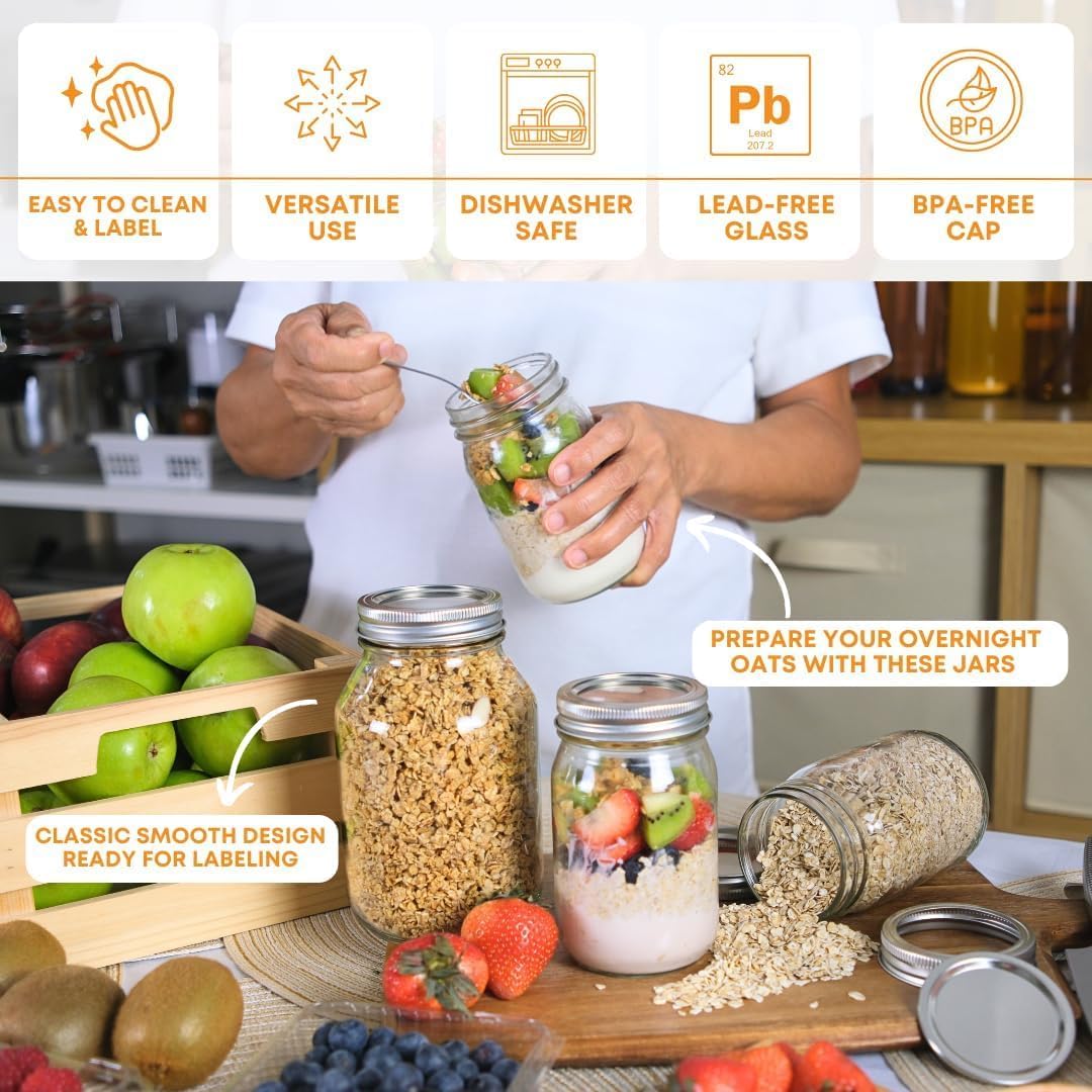 FastRack Regular Mouth Mason Jars 16 oz with Airtight Lids – Pack of 4 | Empty Glass Canning Jars for Food Storage, Fermentation, Pickling Canning, Meal Prep, Pantry Organization & Kombucha Brewing