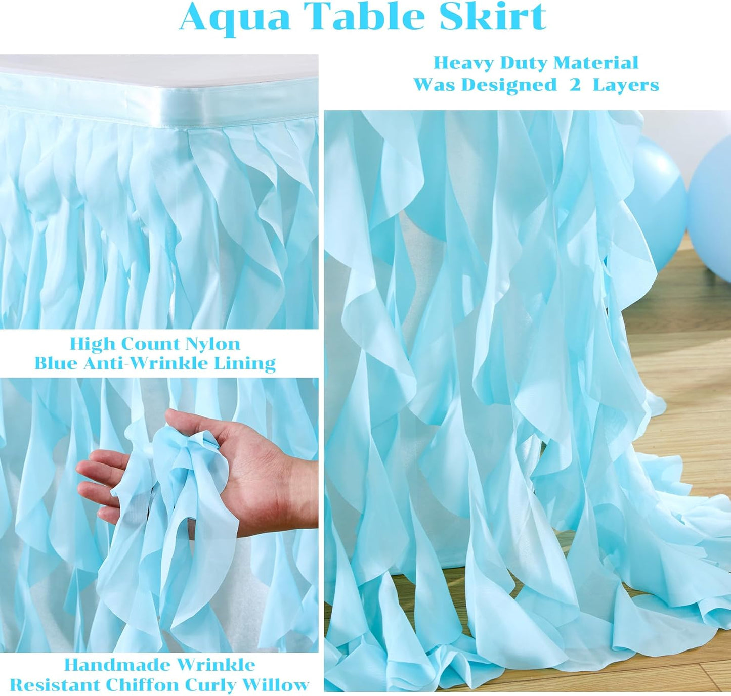 Partisky Aqua Blue Tulle Curly Willow Table Skirt for Rectangle Table 17ft, Ruffle Tutu Table Cloth for Boys Baby Shower,Birthday Party Candy Cake Tables