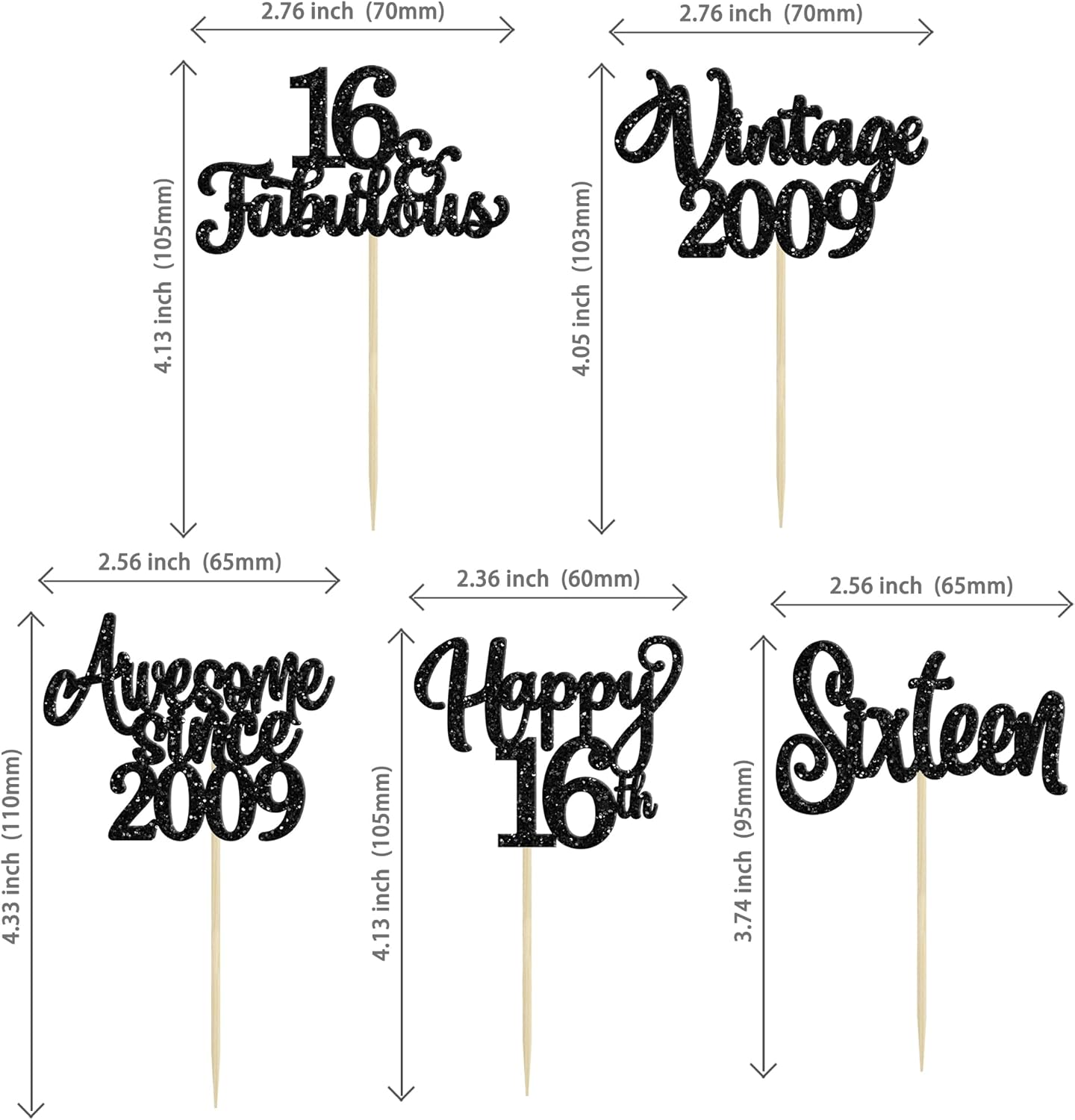 30Pcs Happy 16th Birthday Cupcake Toppers Glitter Sixteen Vintage 2009 Cupcake Picks Cheers to 16 Fabulous Cake Decorations for 16th Birthday Wedding Anniversary Party Supplies Black