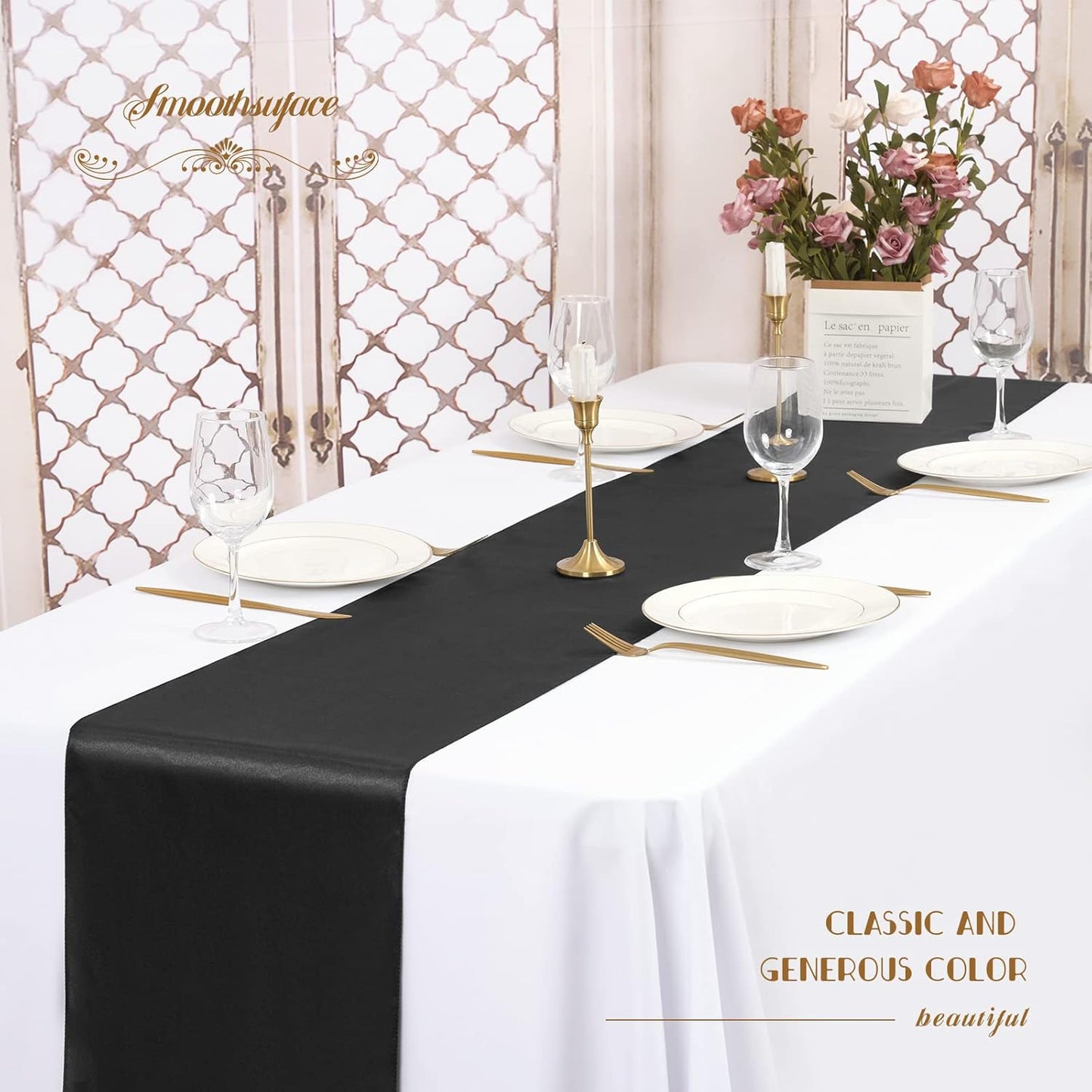 12 Pack Black Satin Table Runner,12 x 108 inch Long Premium Smooth Table Runner for Wedding, Banquets, Birthday, Party, Graduation, Engagements, Table Runners fit Rectangle and Round Table